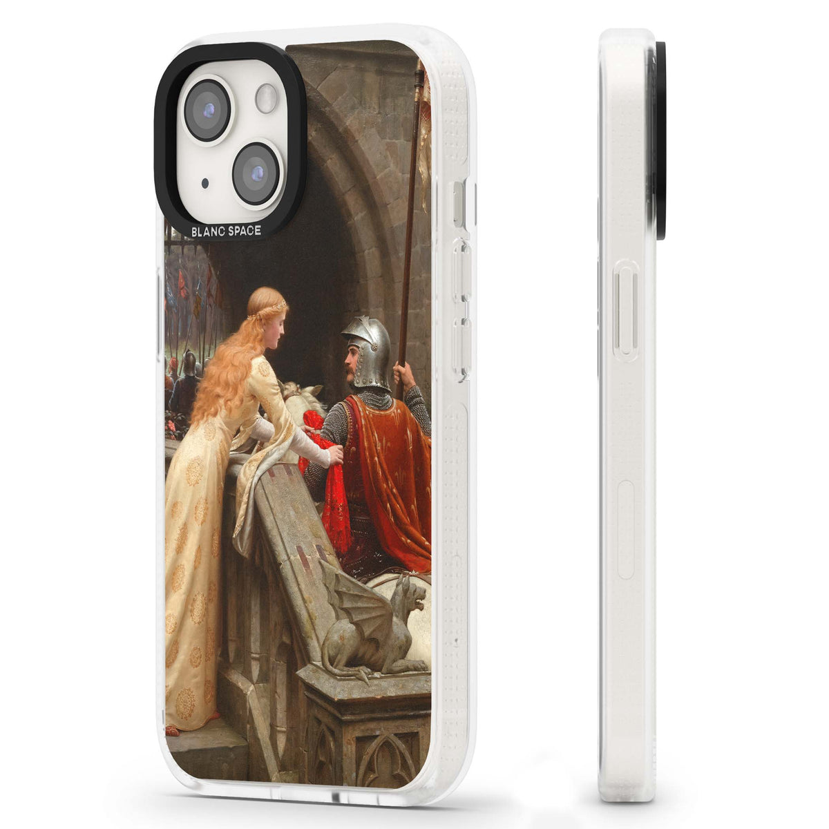 God Speed fine art iPhone case featuring Edmund Blair Leighton's medieval knight and lady beneath a stone archway | Clear Case Impact Air case for iPhone 15, iPhone 15 Plus
