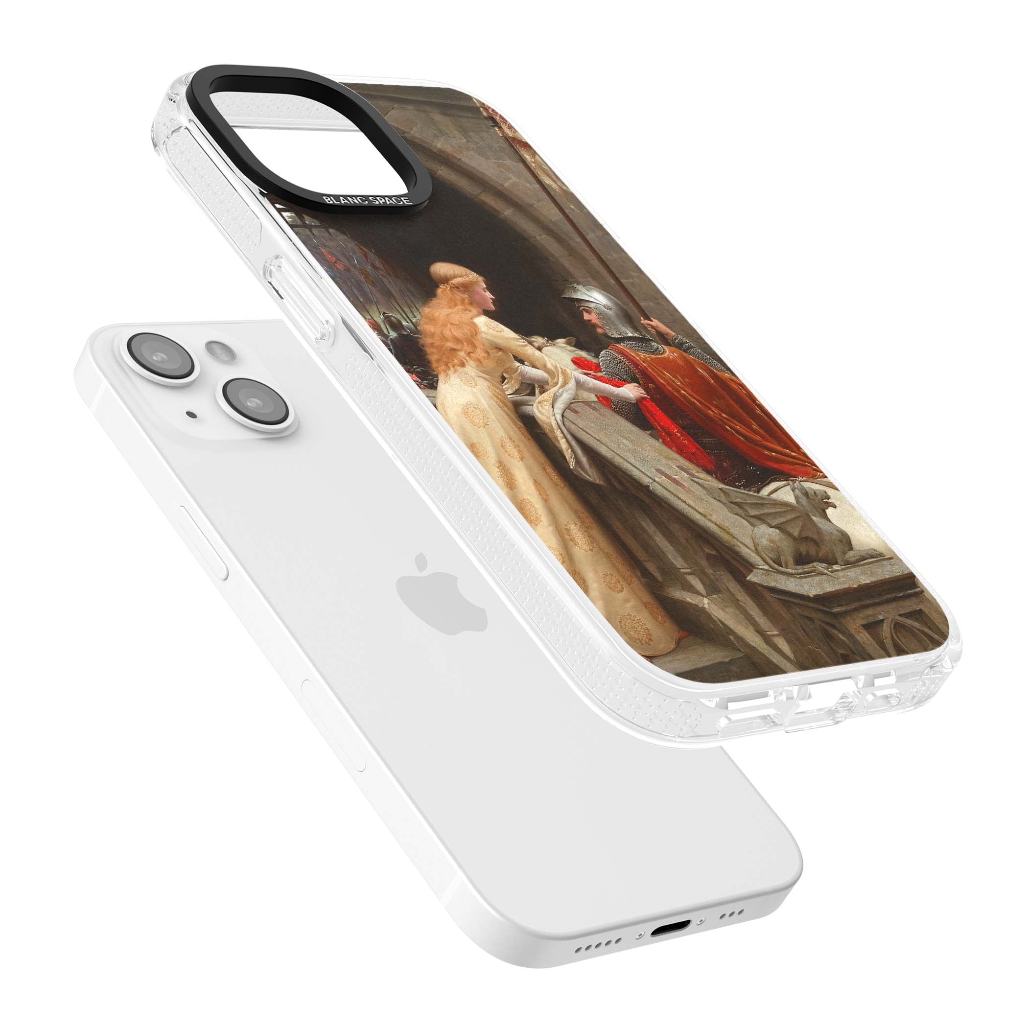 God Speed fine art iPhone case featuring Edmund Blair Leighton's medieval knight and lady beneath a stone archway | Clear Case Impact Air case for iPhone 15, iPhone 15 Plus