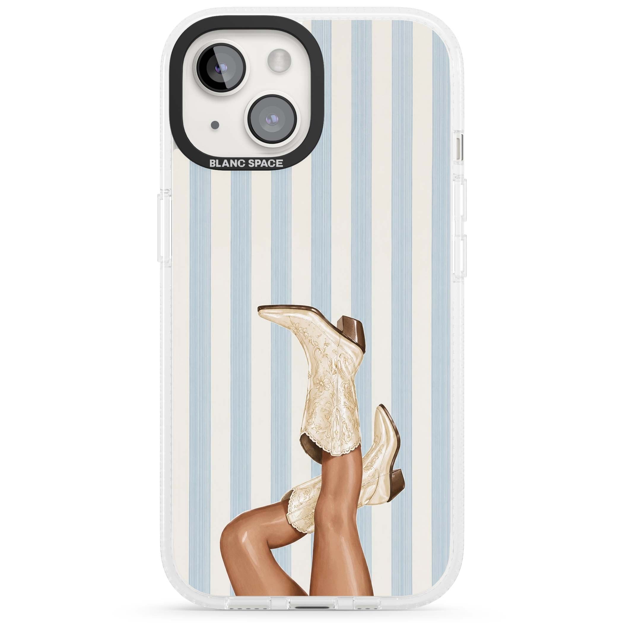 Cowgirl Boots coastal cowgirl iPhone case featuring embroidered western boots, tanned legs and a blue stripe backdrop | Clear Case Impact Air case for iPhone 15, iPhone 15 Plus