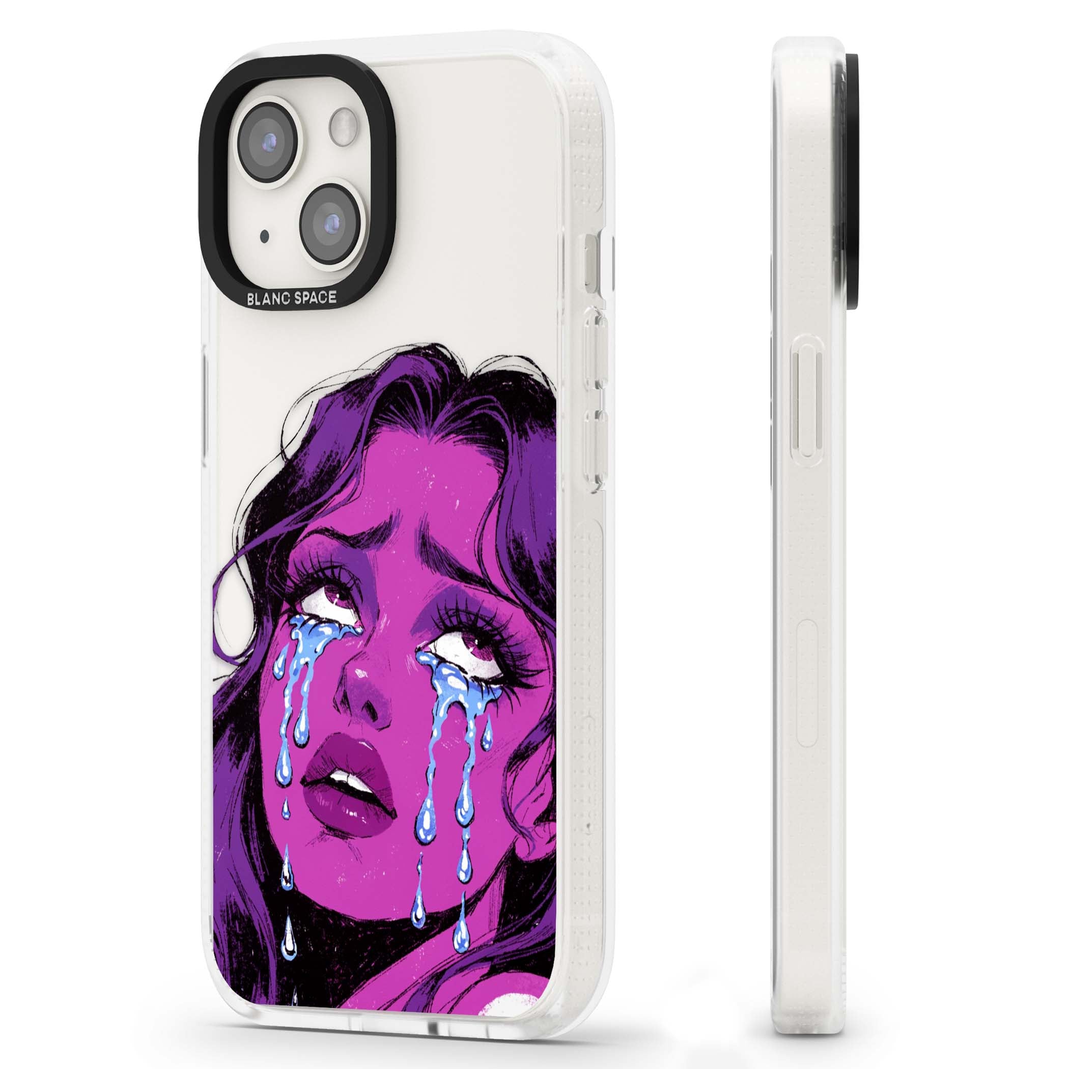 Drama Queen pop art iPhone case featuring a purple crying comic girl with blue tears | Clear Case Impact Air case for iPhone 15, iPhone 15 Plus