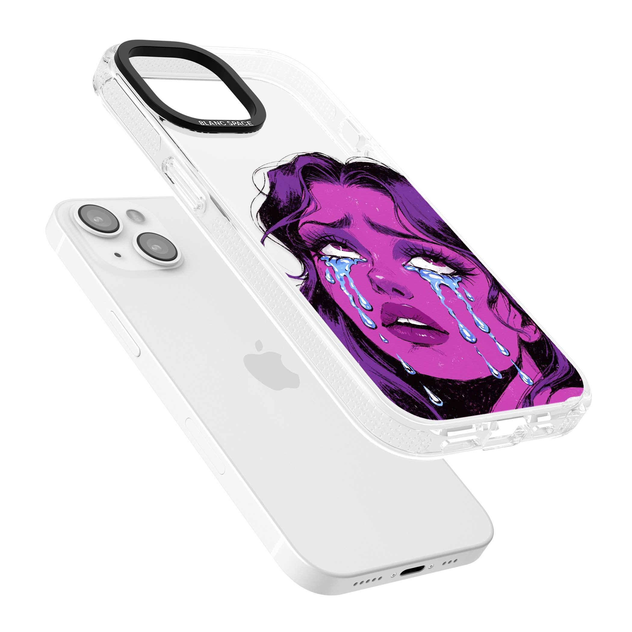 Drama Queen pop art iPhone case featuring a purple crying comic girl with blue tears | Clear Case Impact Air case for iPhone 15, iPhone 15 Plus