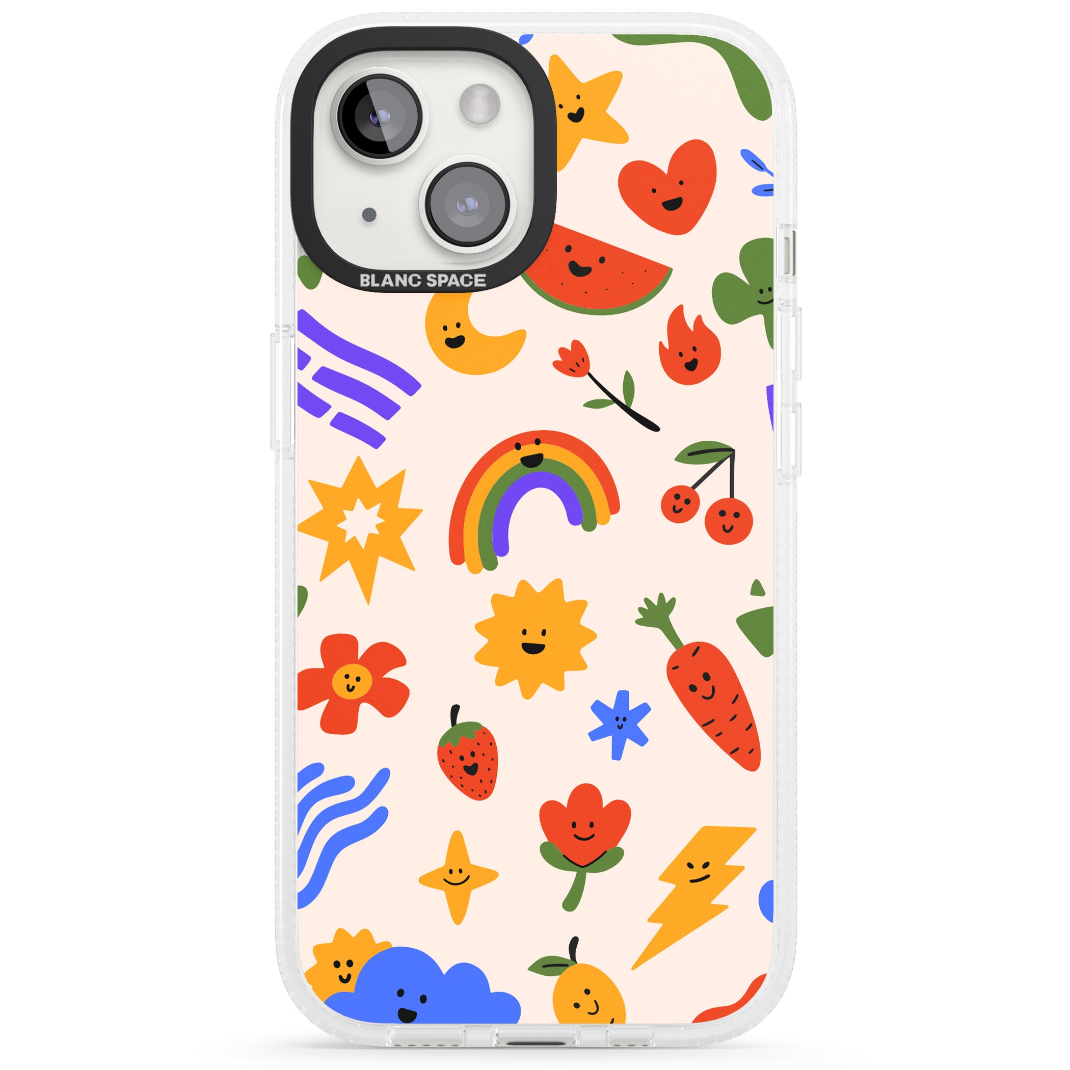 Mixed Large Kawaii Icons - Solid iPhone 15 / 14 / 13 Clear Case Impact Air - Blanc Space