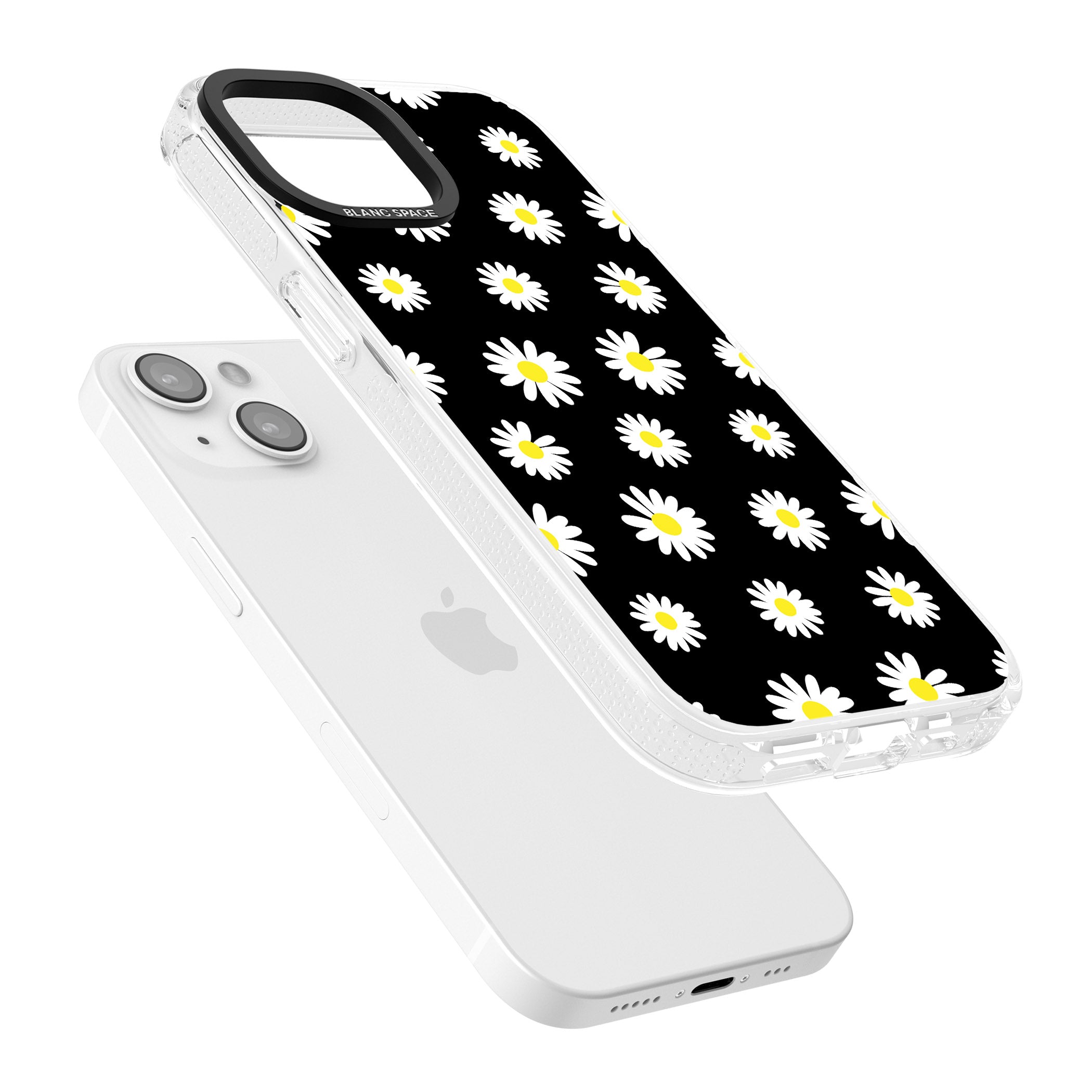 White Daisy Pattern (Black) iPhone 15 / 14 / 13 Clear Case Impact Air - Blanc Space