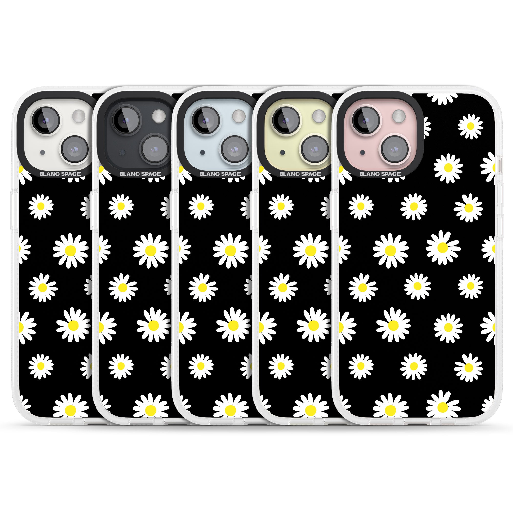 White Daisy Pattern (Black) iPhone 15 / 14 / 13 Clear Case Impact Air - Blanc Space