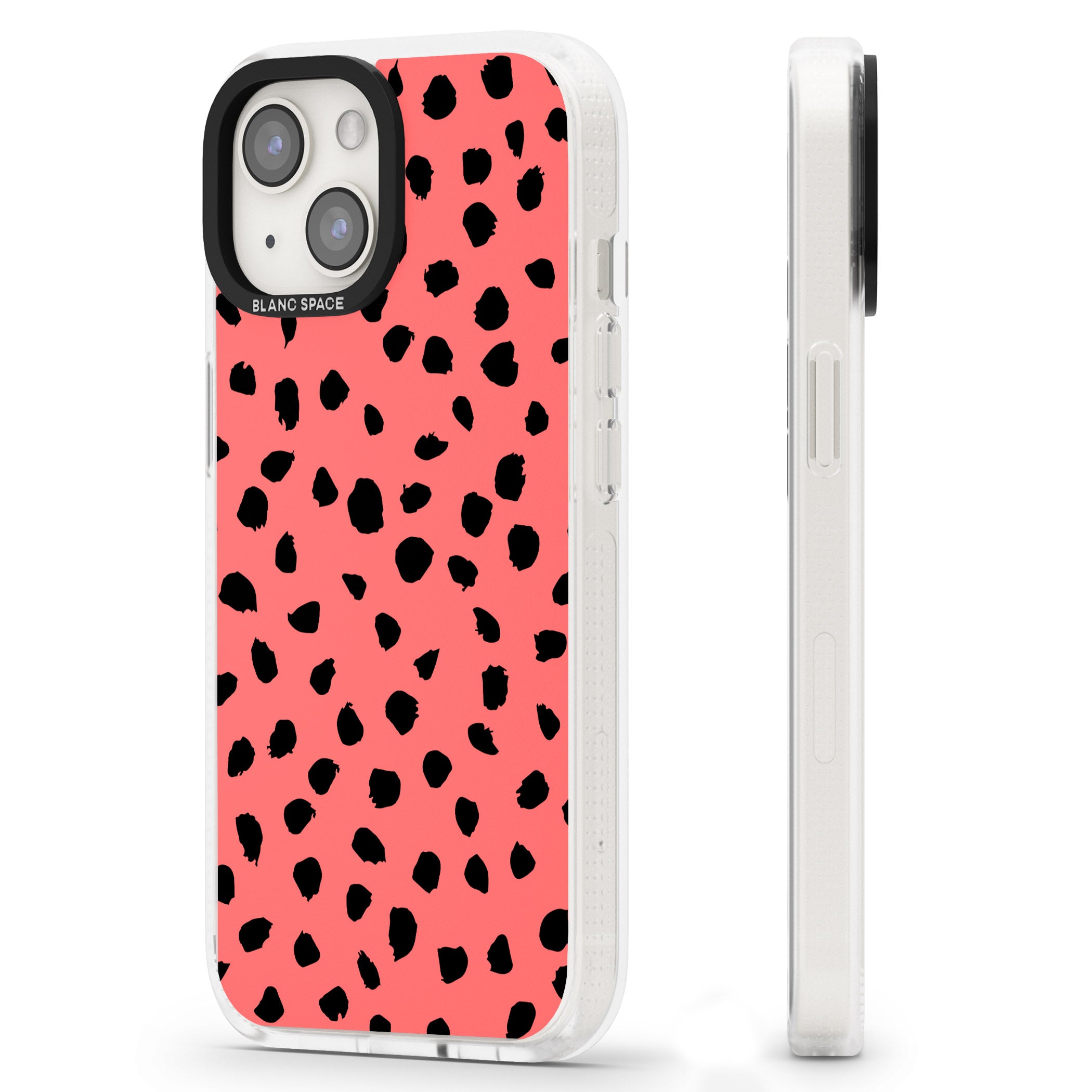 Black on Salmon Pink Dalmatian Polka Dot Spots iPhone 15 / 14 / 13 Clear Case Impact Air - Blanc Space