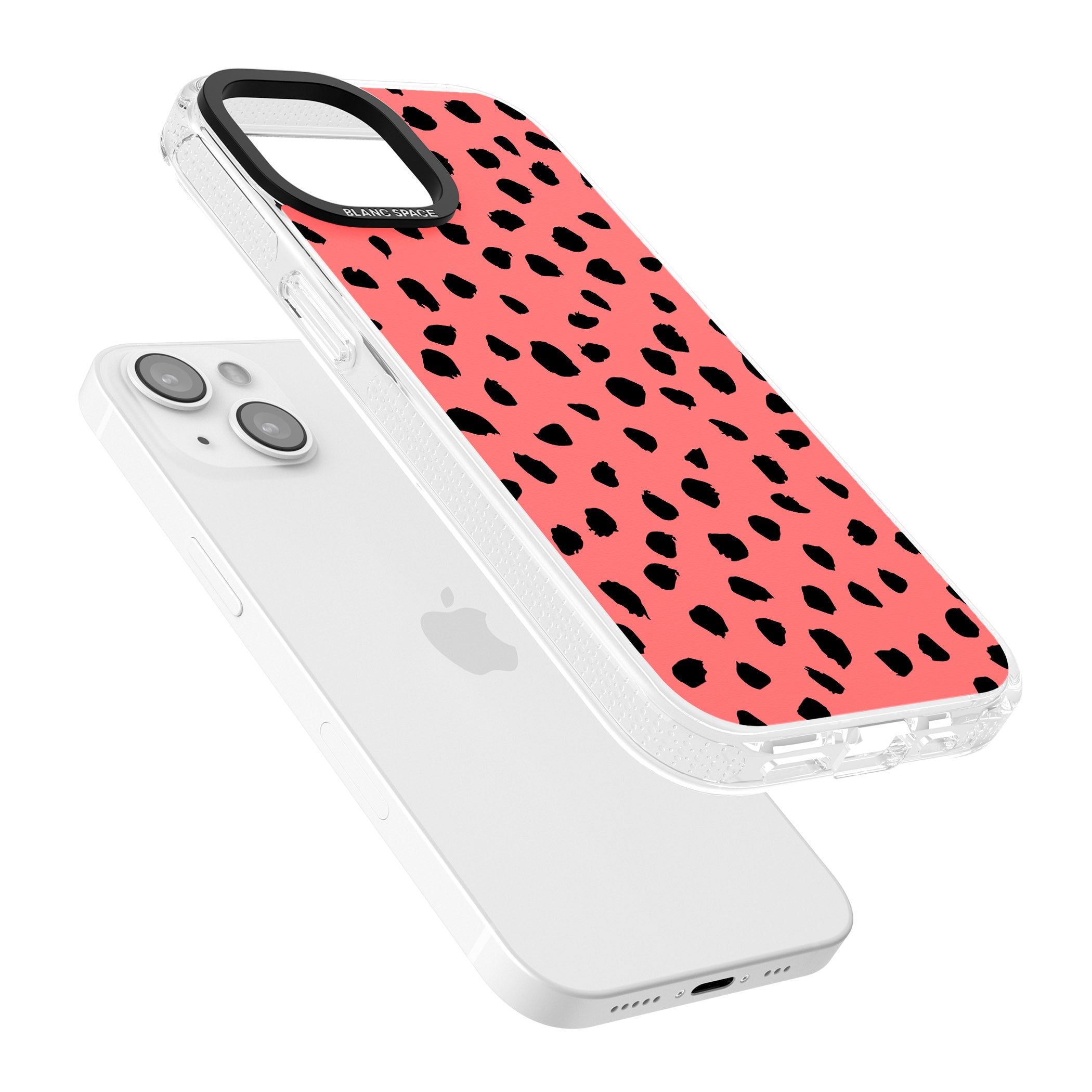 Black on Salmon Pink Dalmatian Polka Dot Spots iPhone 15 / 14 / 13 Clear Case Impact Air - Blanc Space
