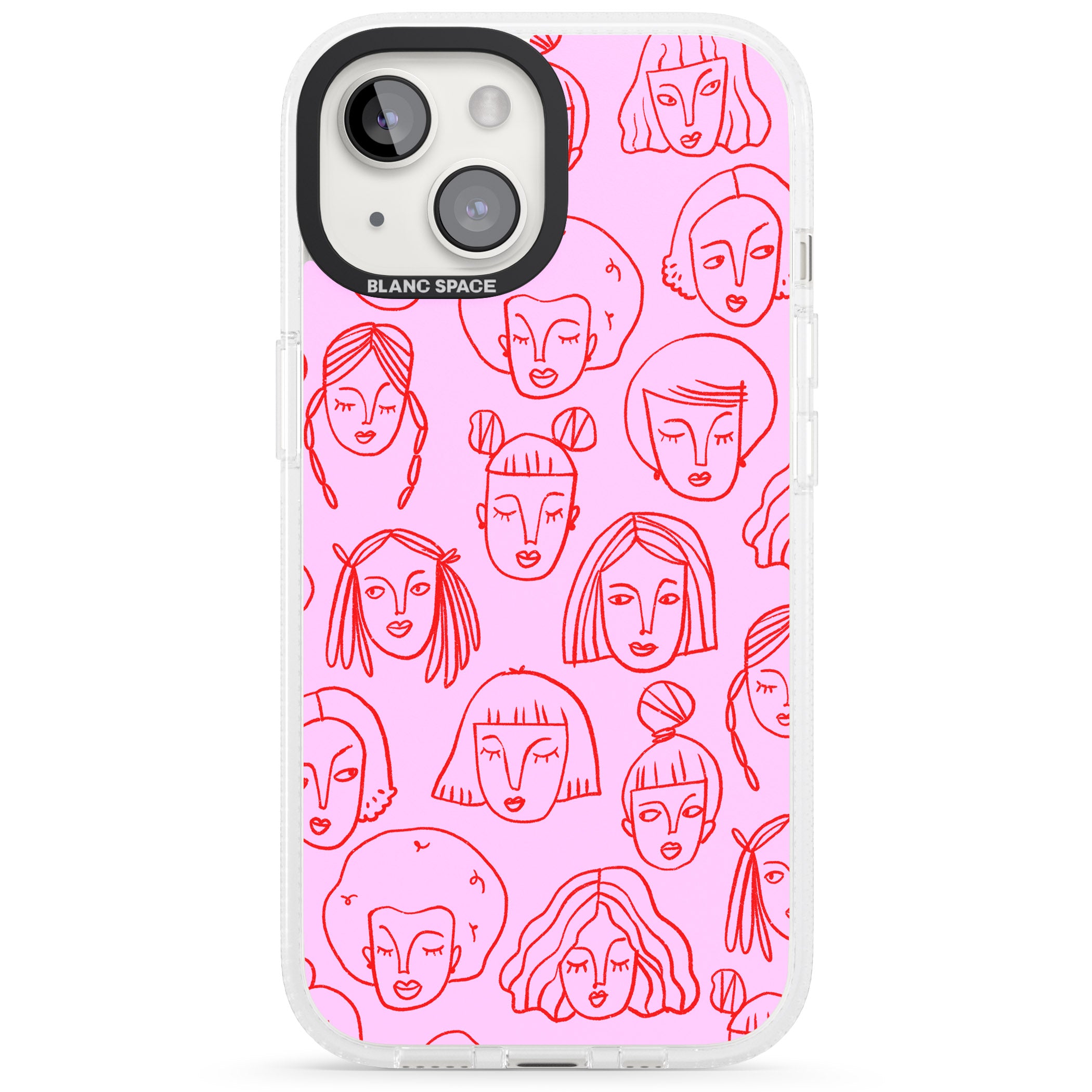 Girl Portrait Doodles in Pink & Red iPhone 15 / 14 / 13 Clear Case Impact Air - Blanc Space