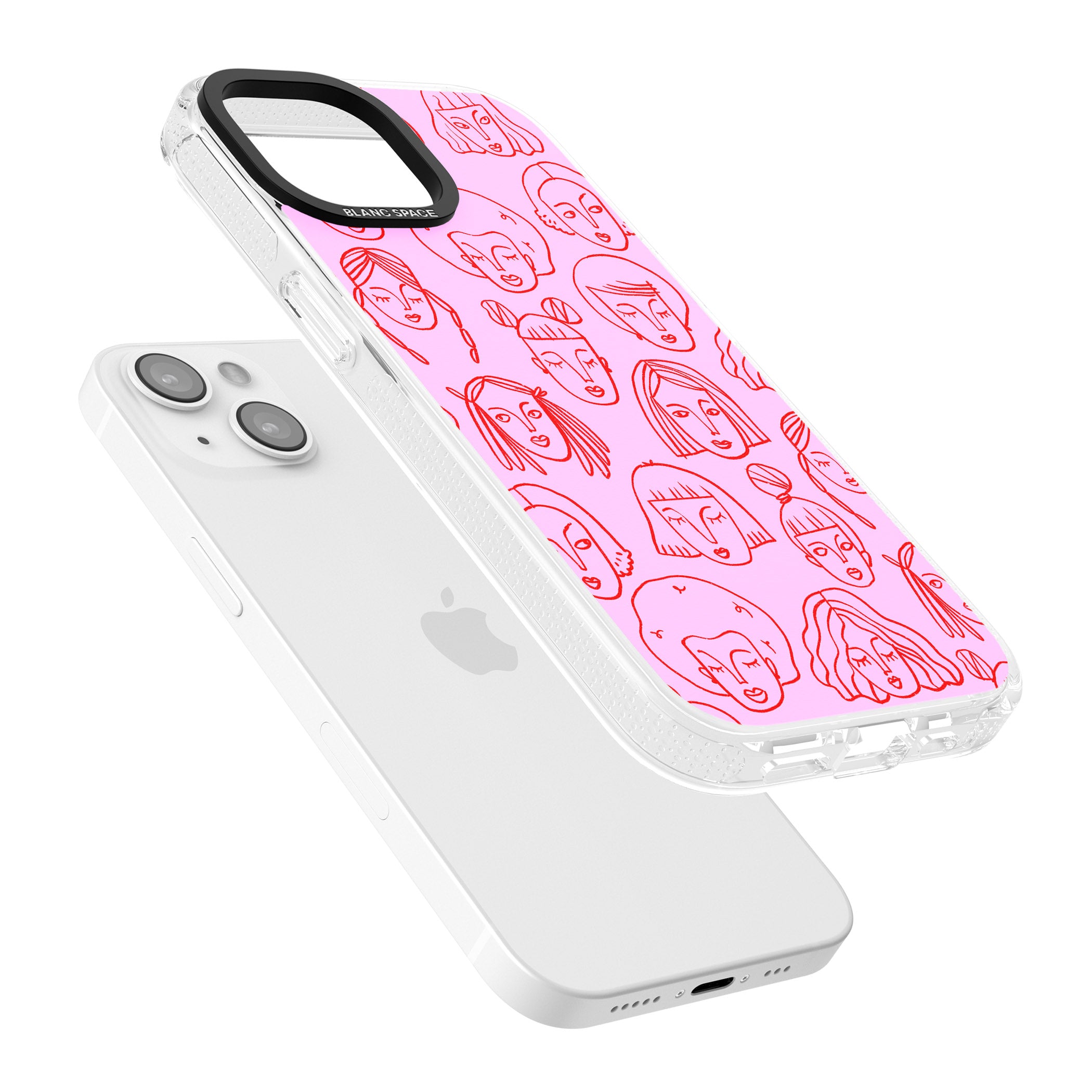 Girl Portrait Doodles in Pink & Red iPhone 15 / 14 / 13 Clear Case Impact Air - Blanc Space