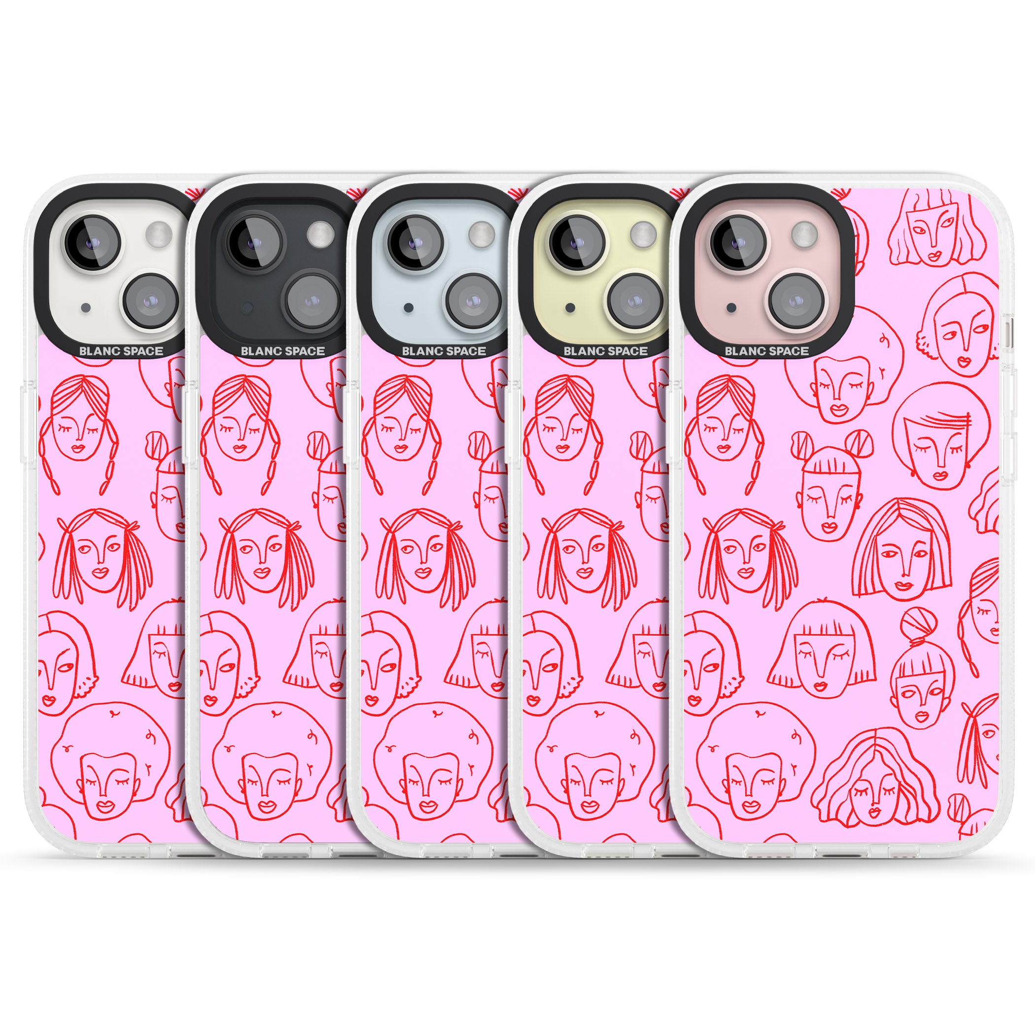 Girl Portrait Doodles in Pink & Red iPhone 15 / 14 / 13 Clear Case Impact Air - Blanc Space