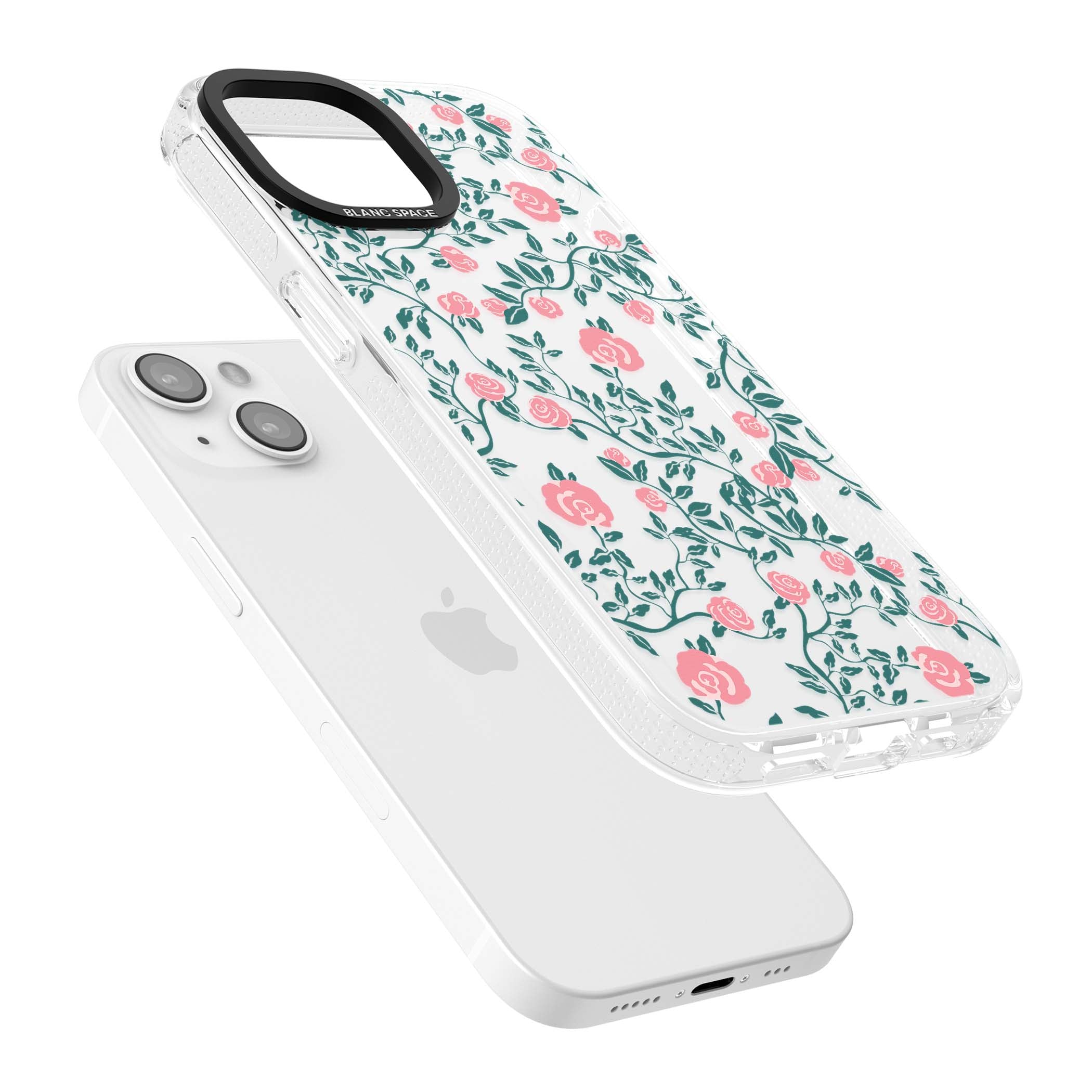Rose Trellis (Clear) cottagecore iPhone case featuring pink climbing roses and green leaves on clear background | Clear Case Impact Air case for iPhone 15, iPhone 15 Plus