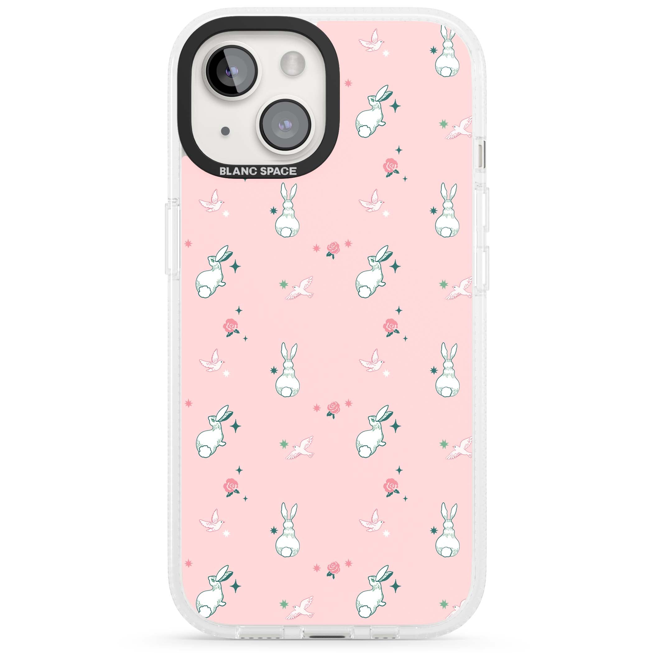 Bunny Garden kawaii iPhone case featuring white rabbits, pink roses, doves and stars on pink background | Clear Case Impact Air case for iPhone 15, iPhone 15 Plus