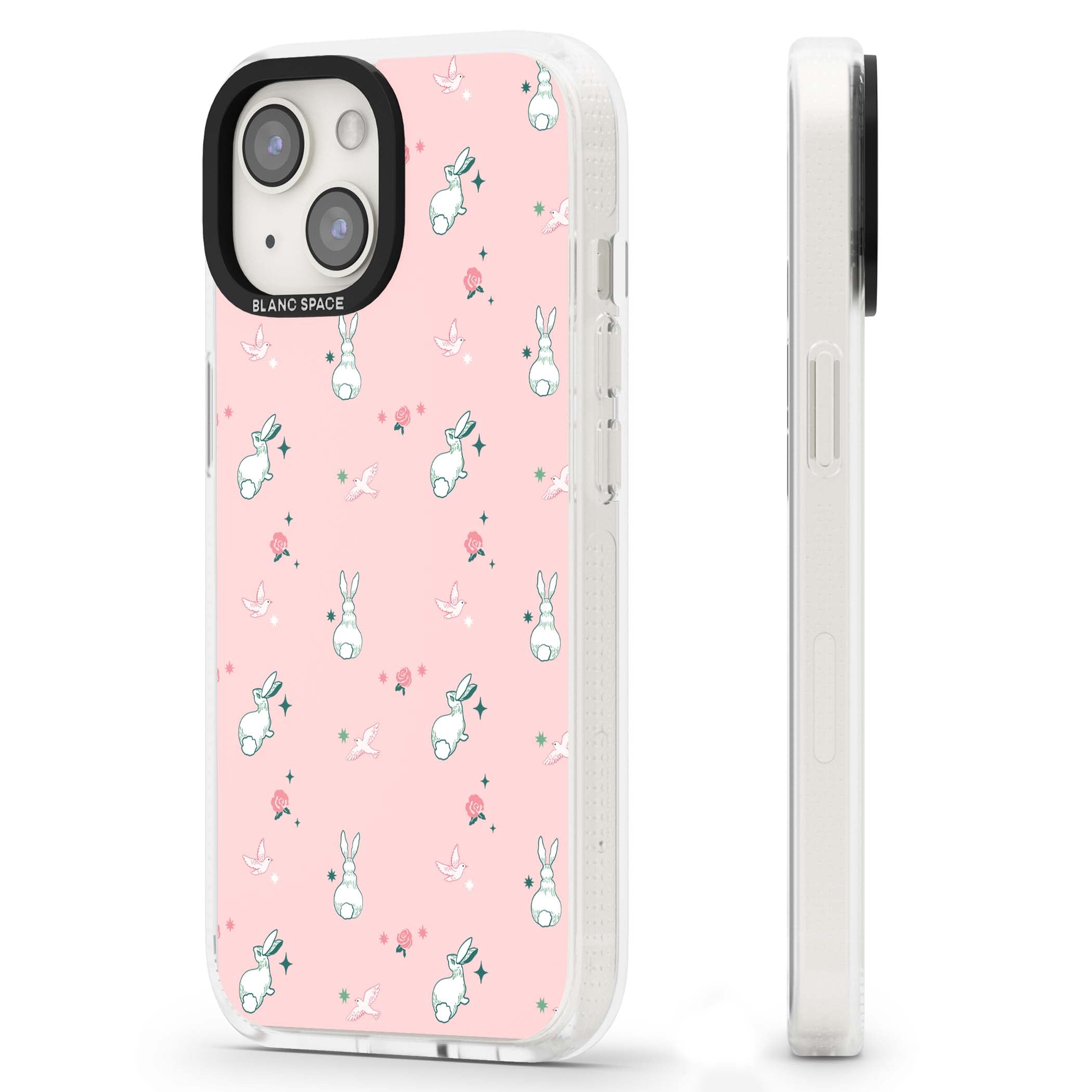 Bunny Garden kawaii iPhone case featuring white rabbits, pink roses, doves and stars on pink background | Clear Case Impact Air case for iPhone 15, iPhone 15 Plus