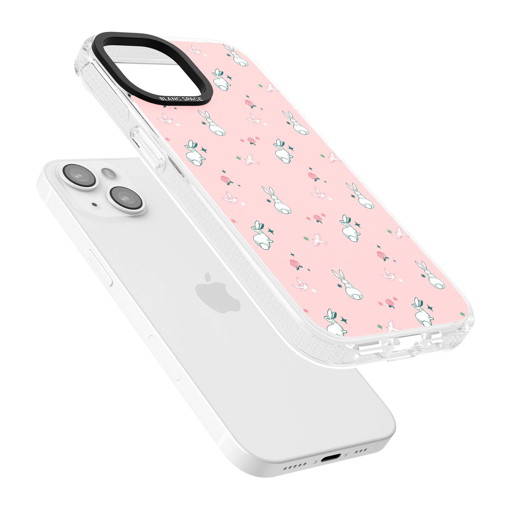Bunny Garden kawaii iPhone case featuring white rabbits, pink roses, doves and stars on pink background | Clear Case Impact Air case for iPhone 15, iPhone 15 Plus