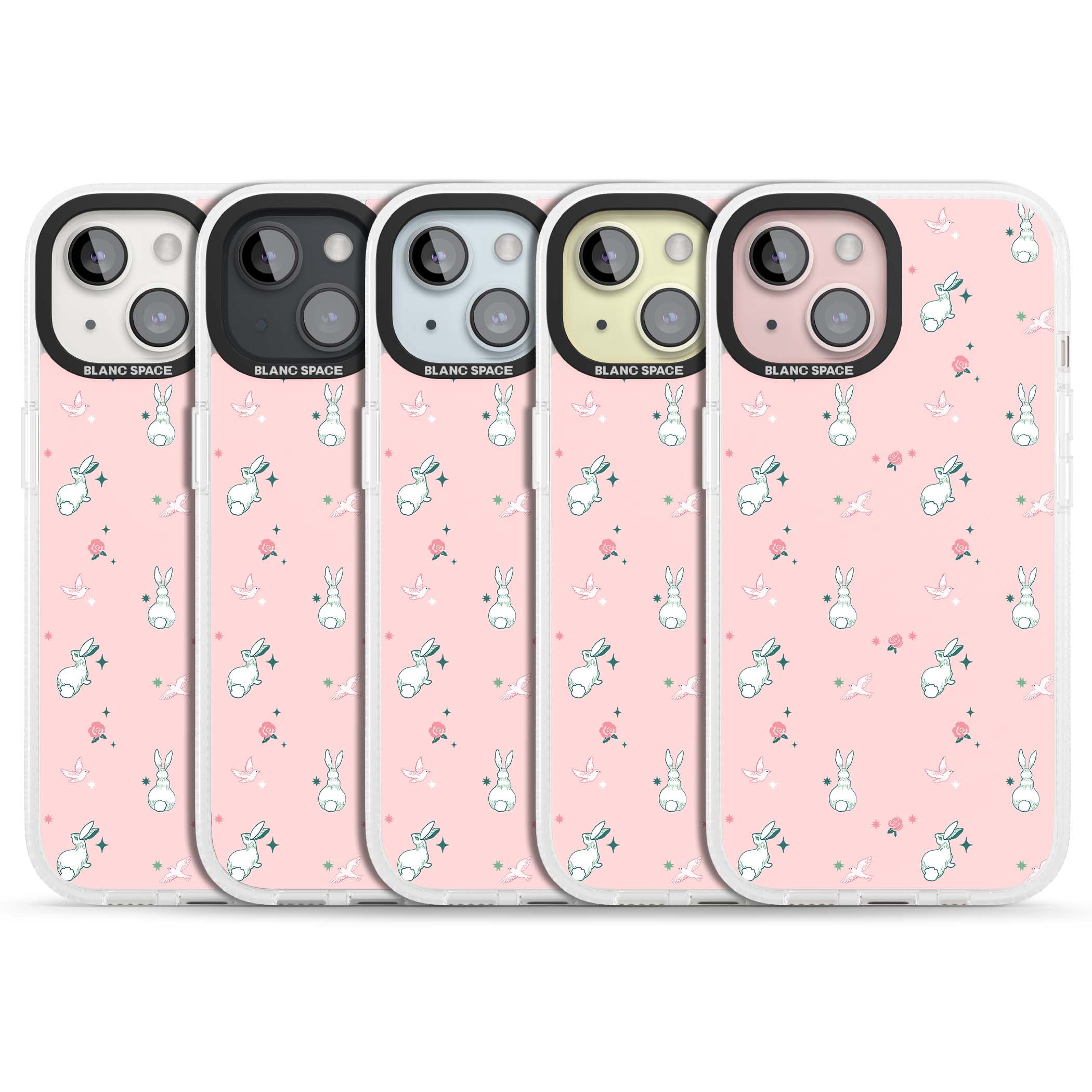 Bunny Garden kawaii iPhone case featuring white rabbits, pink roses, doves and stars on pink background | Clear Case Impact Air case for iPhone 15, iPhone 15 Plus