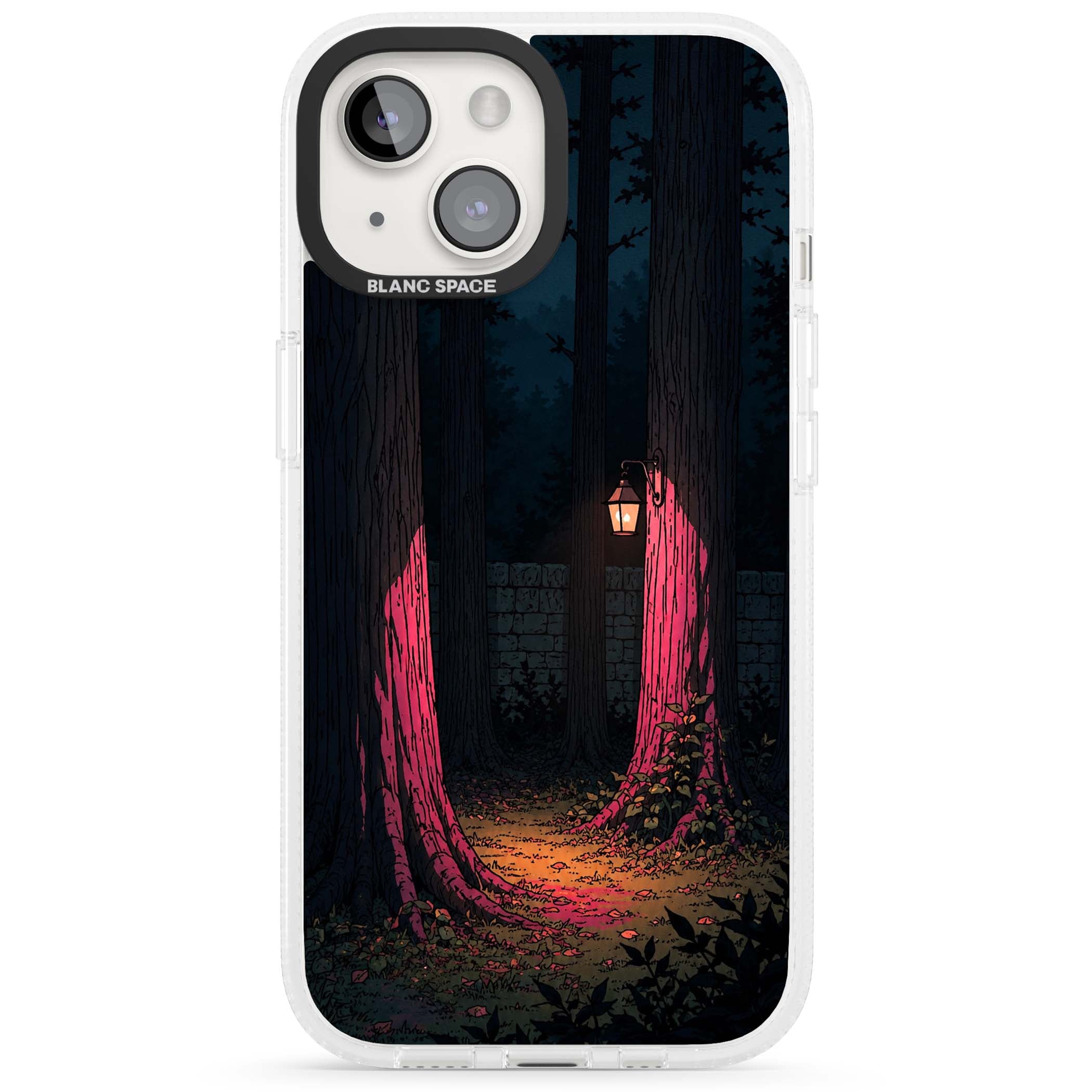 Forest Lantern dark academia iPhone case featuring a moonlit forest, glowing lantern, and stone wall pathway | Clear Case Impact Air case for iPhone 15, iPhone 15 Plus