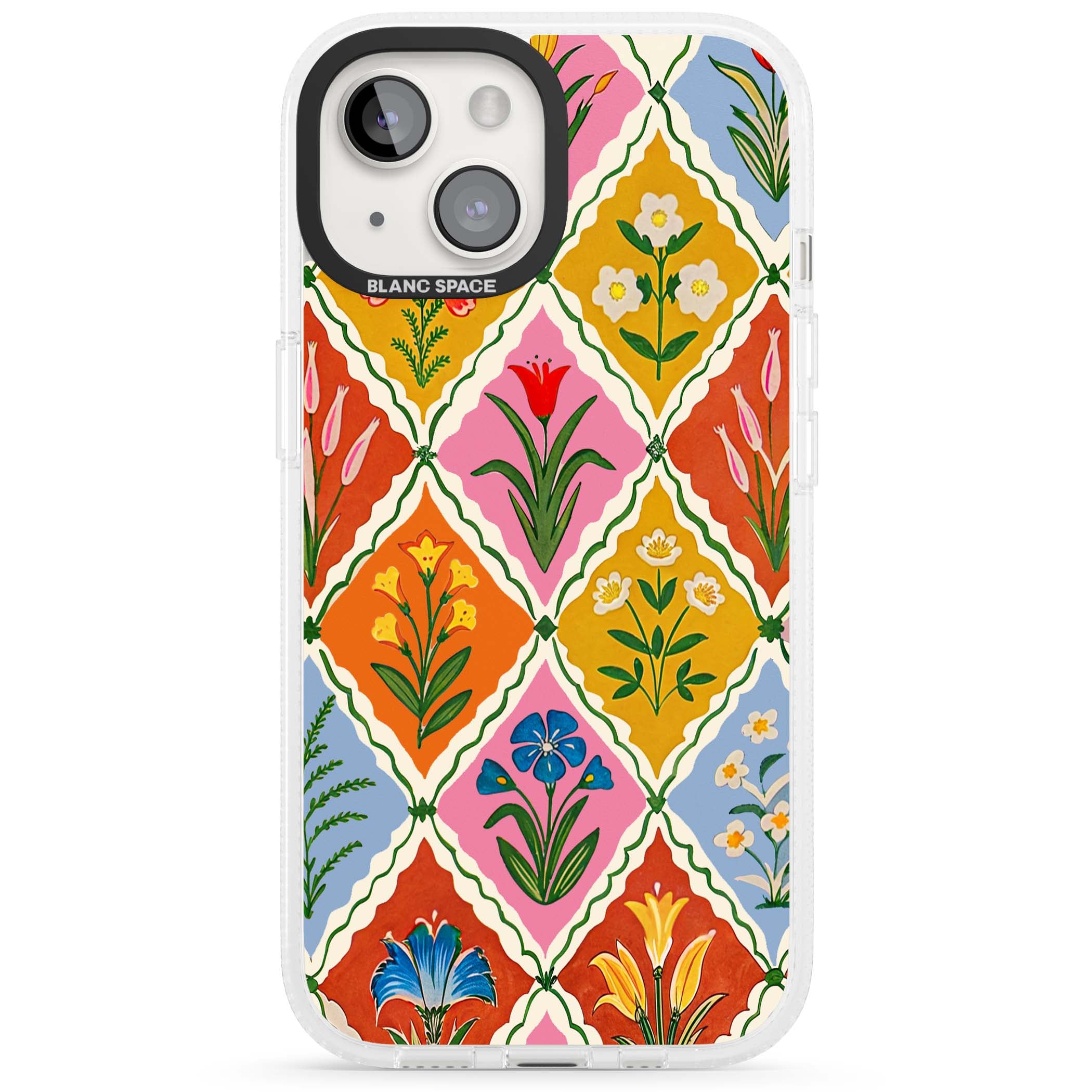 Floral Quilt boho floral iPhone case featuring diamond lattice pattern, hand-painted tulips and folk art wildflowers | Clear Case Impact Air case for iPhone 15, iPhone 15 Plus