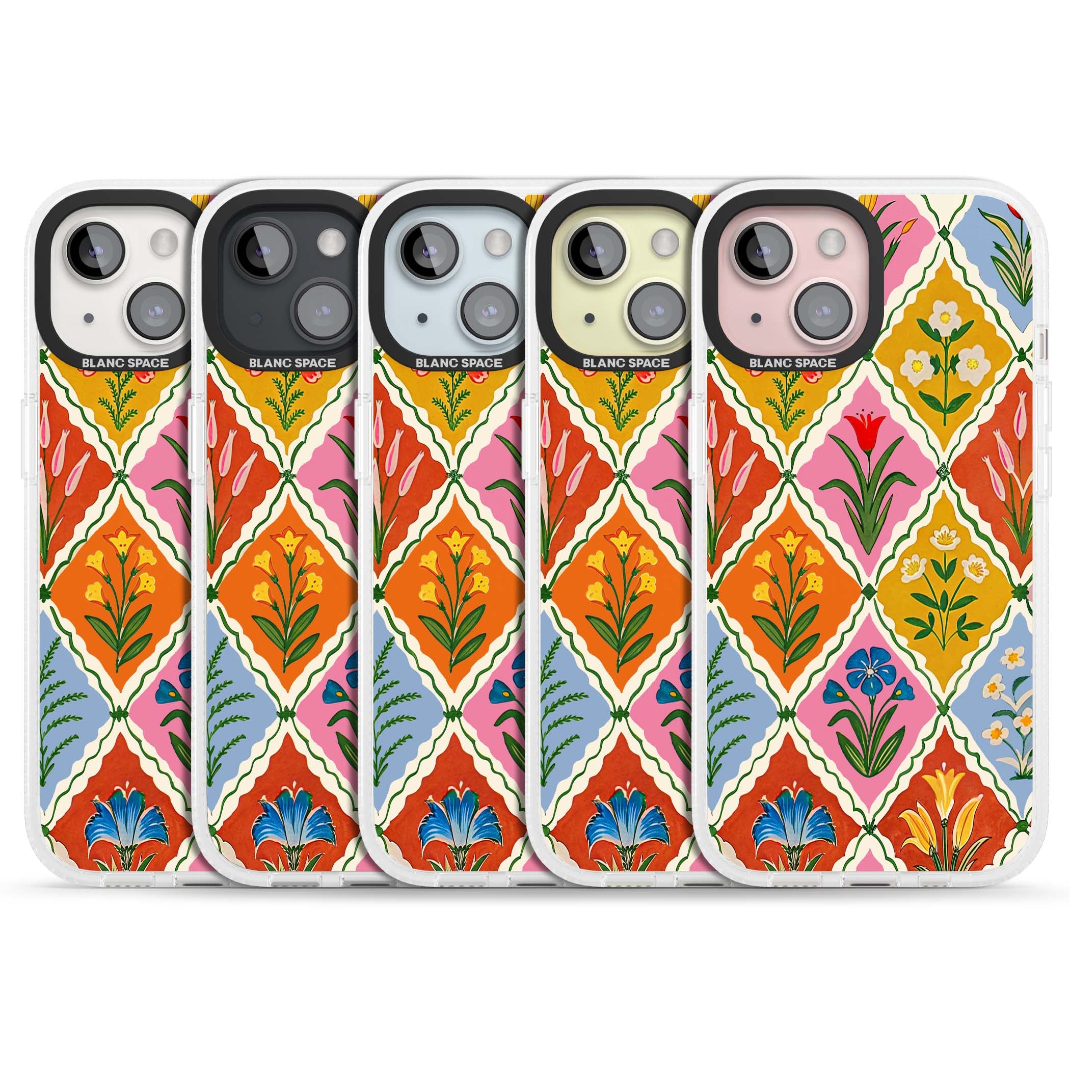 Floral Quilt boho floral iPhone case featuring diamond lattice pattern, hand-painted tulips and folk art wildflowers | Clear Case Impact Air case for iPhone 15, iPhone 15 Plus