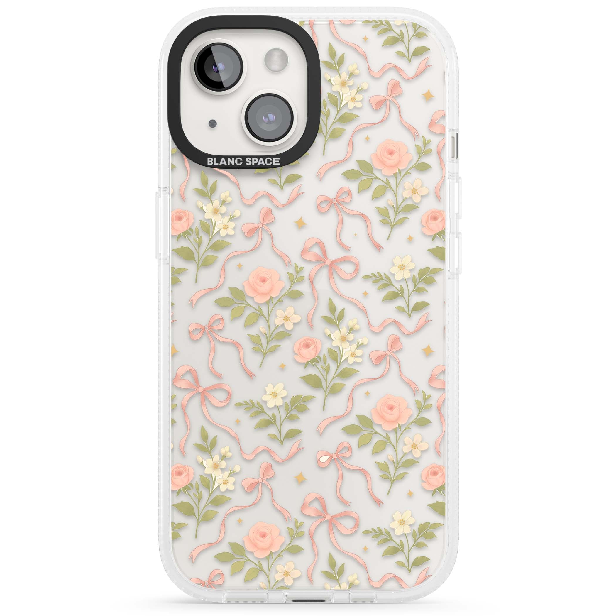 Ribbon Garden coquette iPhone case featuring pink bows, peach roses and wildflowers on white background | Clear Case Impact Air case for iPhone 15, iPhone 15 Plus