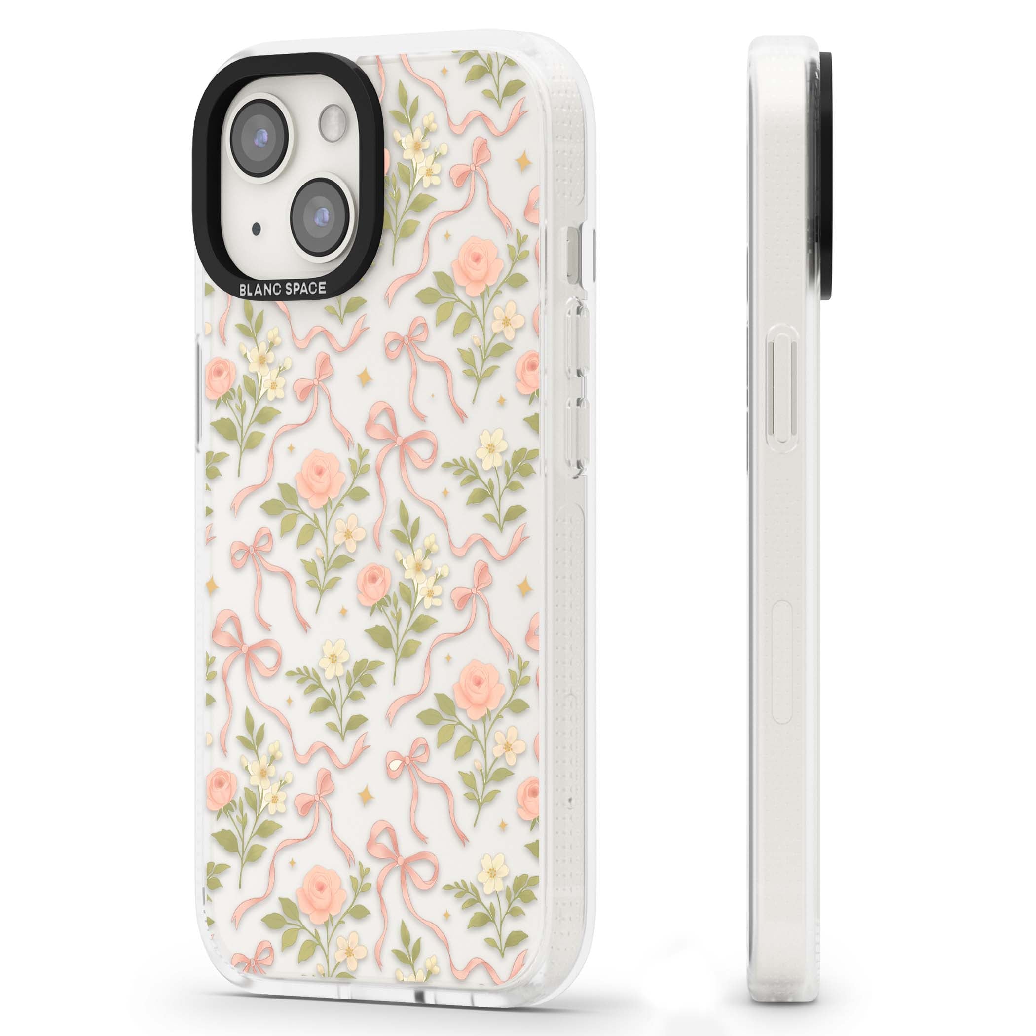 Ribbon Garden coquette iPhone case featuring pink bows, peach roses and wildflowers on white background | Clear Case Impact Air case for iPhone 15, iPhone 15 Plus