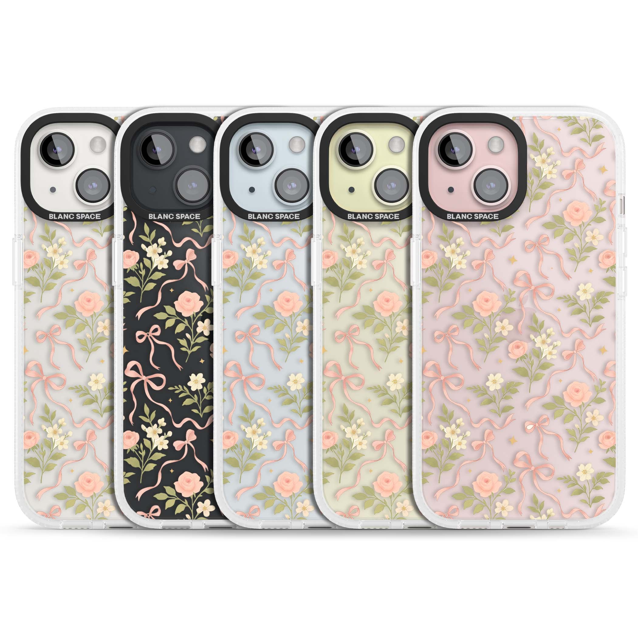 Ribbon Garden coquette iPhone case featuring pink bows, peach roses and wildflowers on white background | Clear Case Impact Air case for iPhone 15, iPhone 15 Plus
