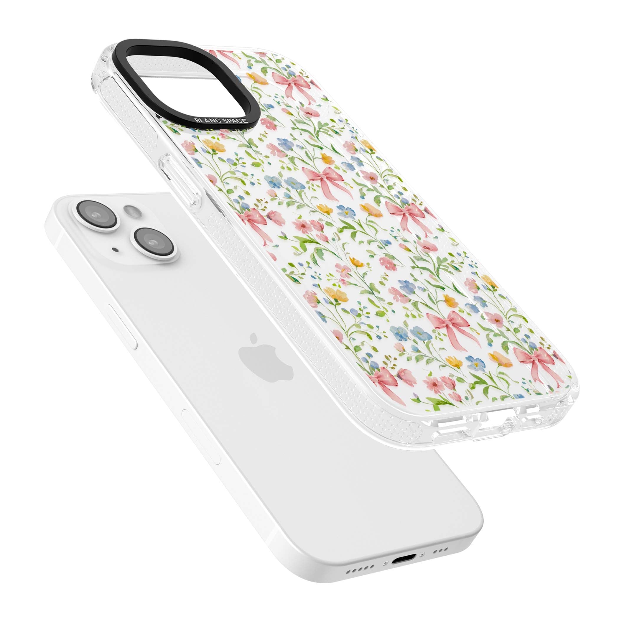 Ribbons & Wildflowers cottagecore iPhone case featuring watercolor wildflowers, pink satin bows, and delicate spring blooms o | Clear Case Impact Air case for iPhone 15, iPhone 15 Plus
