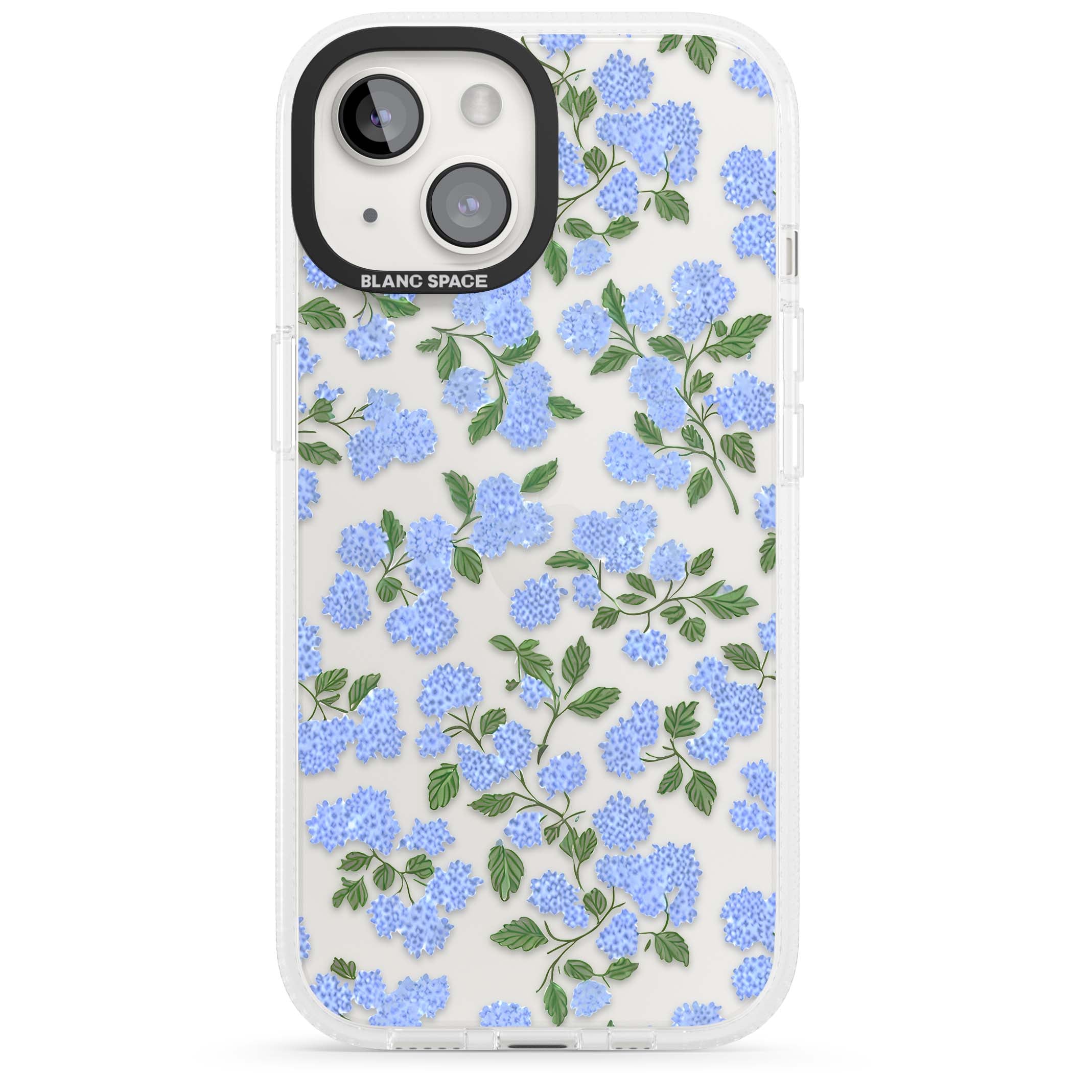 Hydrangea Dreams cottagecore iPhone case featuring soft blue hydrangea flower clusters and green leaves | Clear Case Impact Air case for iPhone 15, iPhone 15 Plus