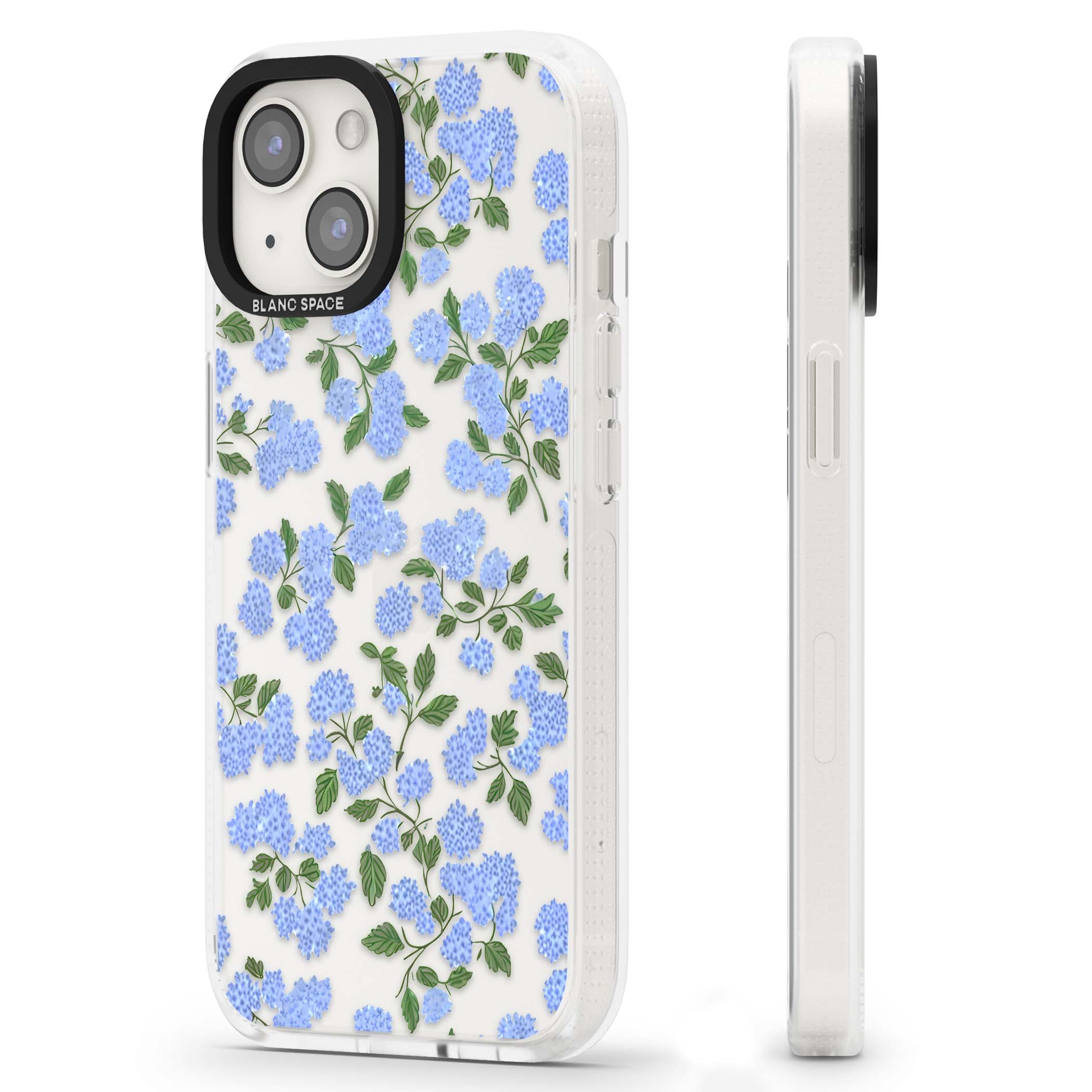 Hydrangea Dreams cottagecore iPhone case featuring soft blue hydrangea flower clusters and green leaves | Clear Case Impact Air case for iPhone 15, iPhone 15 Plus