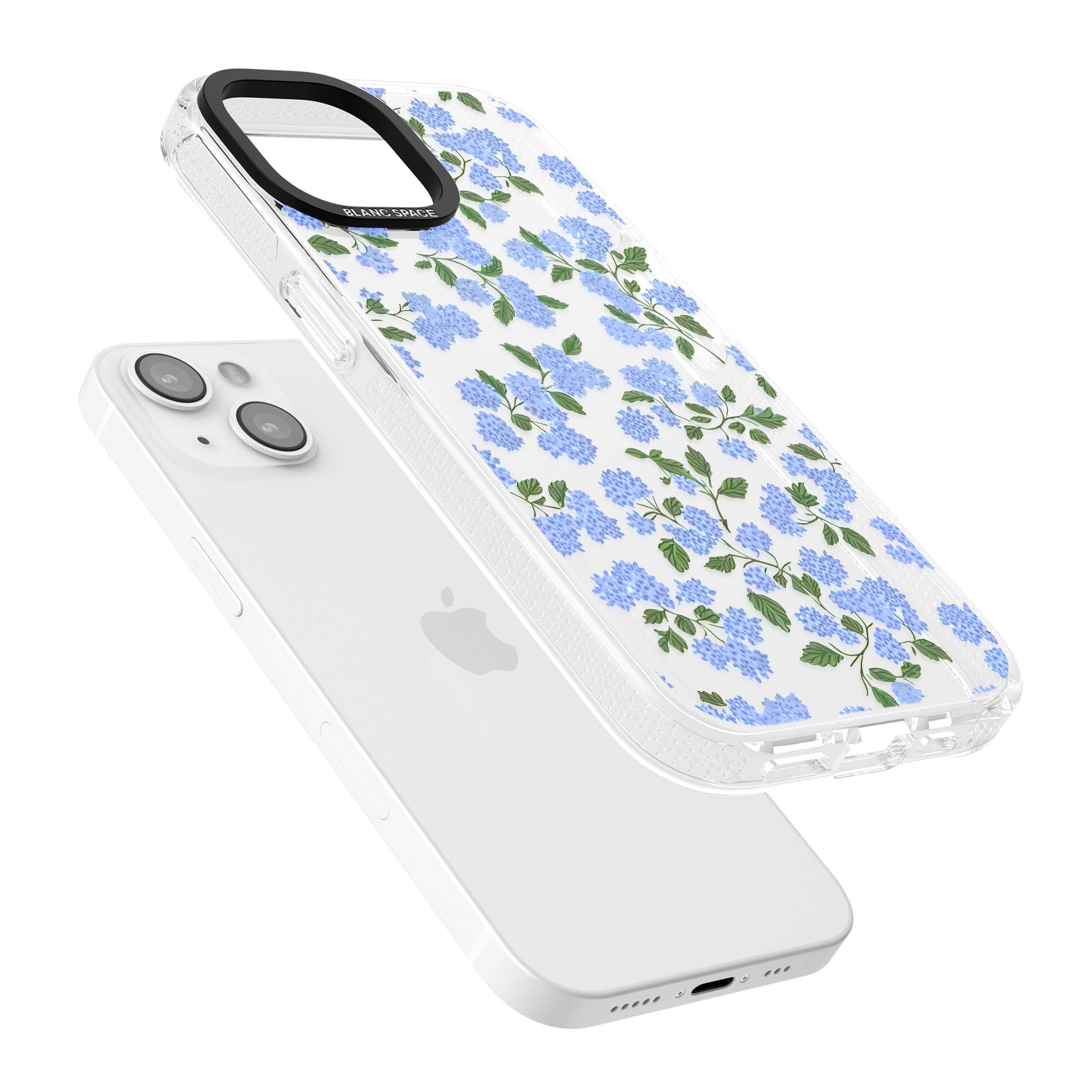 Hydrangea Dreams cottagecore iPhone case featuring soft blue hydrangea flower clusters and green leaves | Clear Case Impact Air case for iPhone 15, iPhone 15 Plus