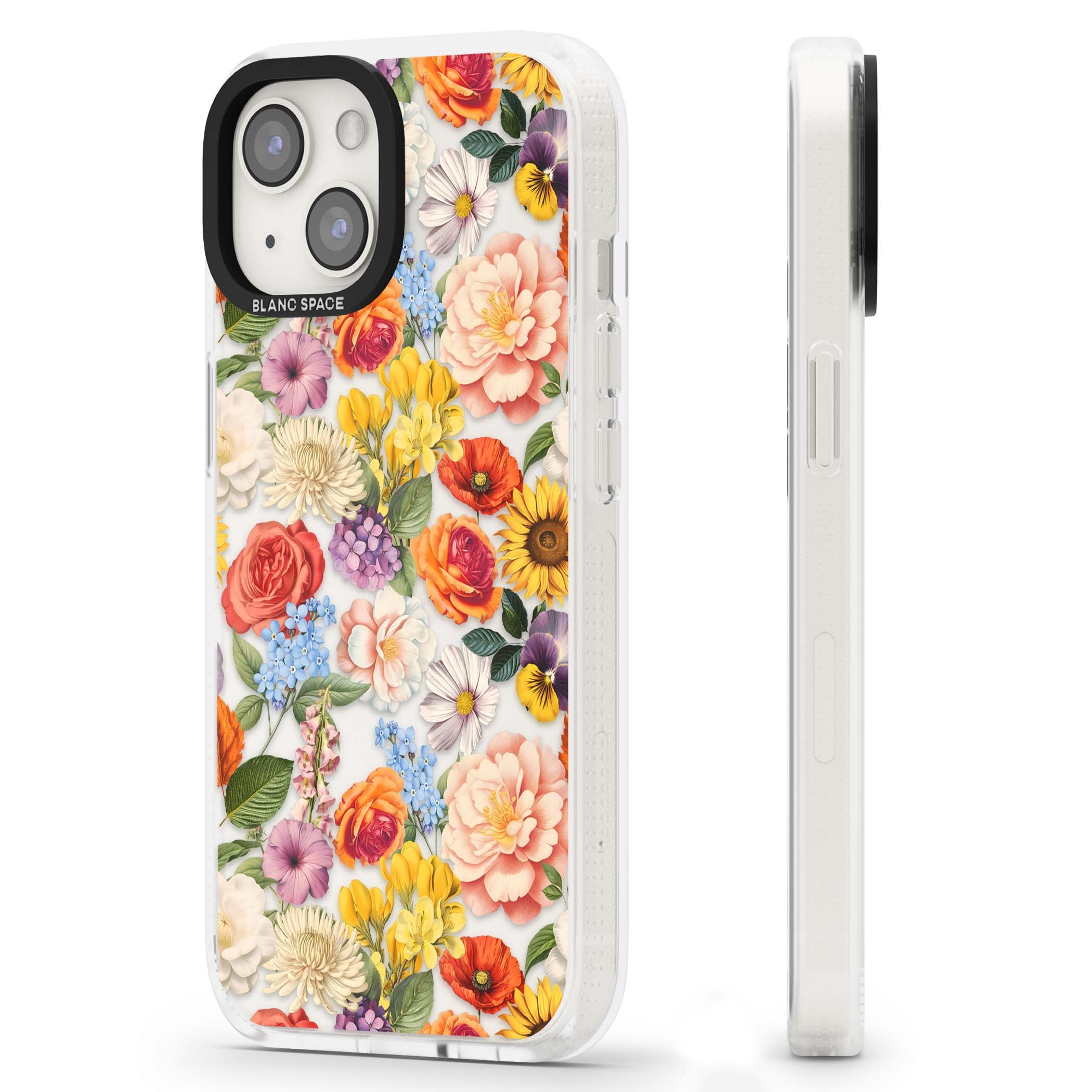 Bloom Basket floral iPhone case featuring cottage garden flowers including peonies, sunflowers, and wildflowers in pastel col | Clear Case Impact Air case for iPhone 15, iPhone 15 Plus