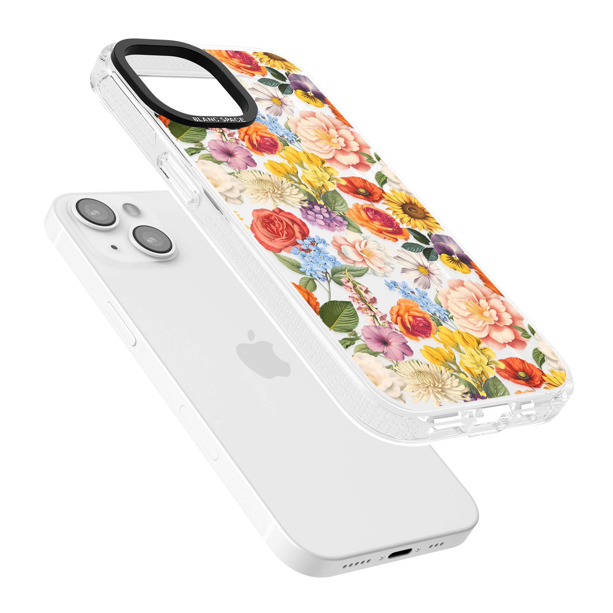 Bloom Basket floral iPhone case featuring cottage garden flowers including peonies, sunflowers, and wildflowers in pastel col | Clear Case Impact Air case for iPhone 15, iPhone 15 Plus
