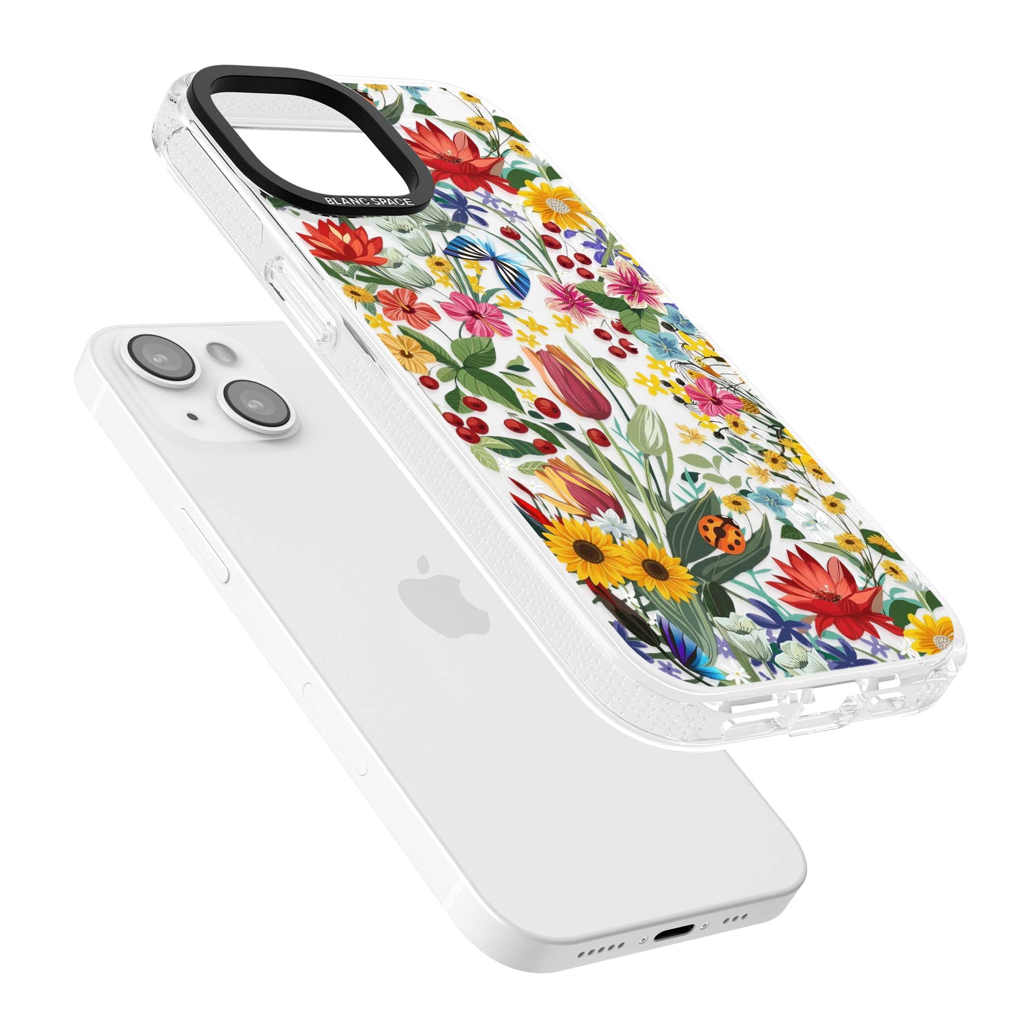 Botanical Bloom cottagecore iPhone case featuring colorful wildflowers, sunflowers, and ladybugs on clear background | Clear Case Impact Air case for iPhone 15, iPhone 15 Plus