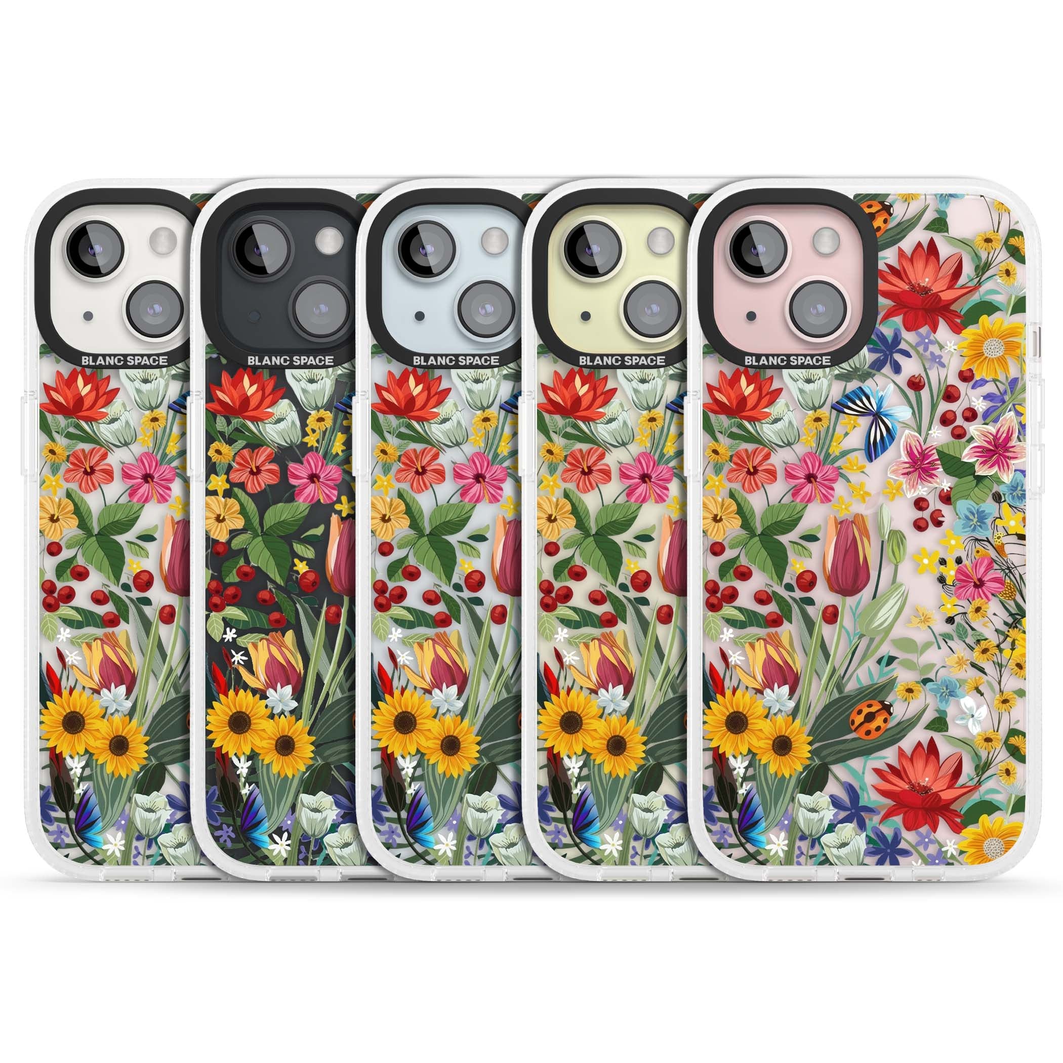 Botanical Bloom cottagecore iPhone case featuring colorful wildflowers, sunflowers, and ladybugs on clear background | Clear Case Impact Air case for iPhone 15, iPhone 15 Plus