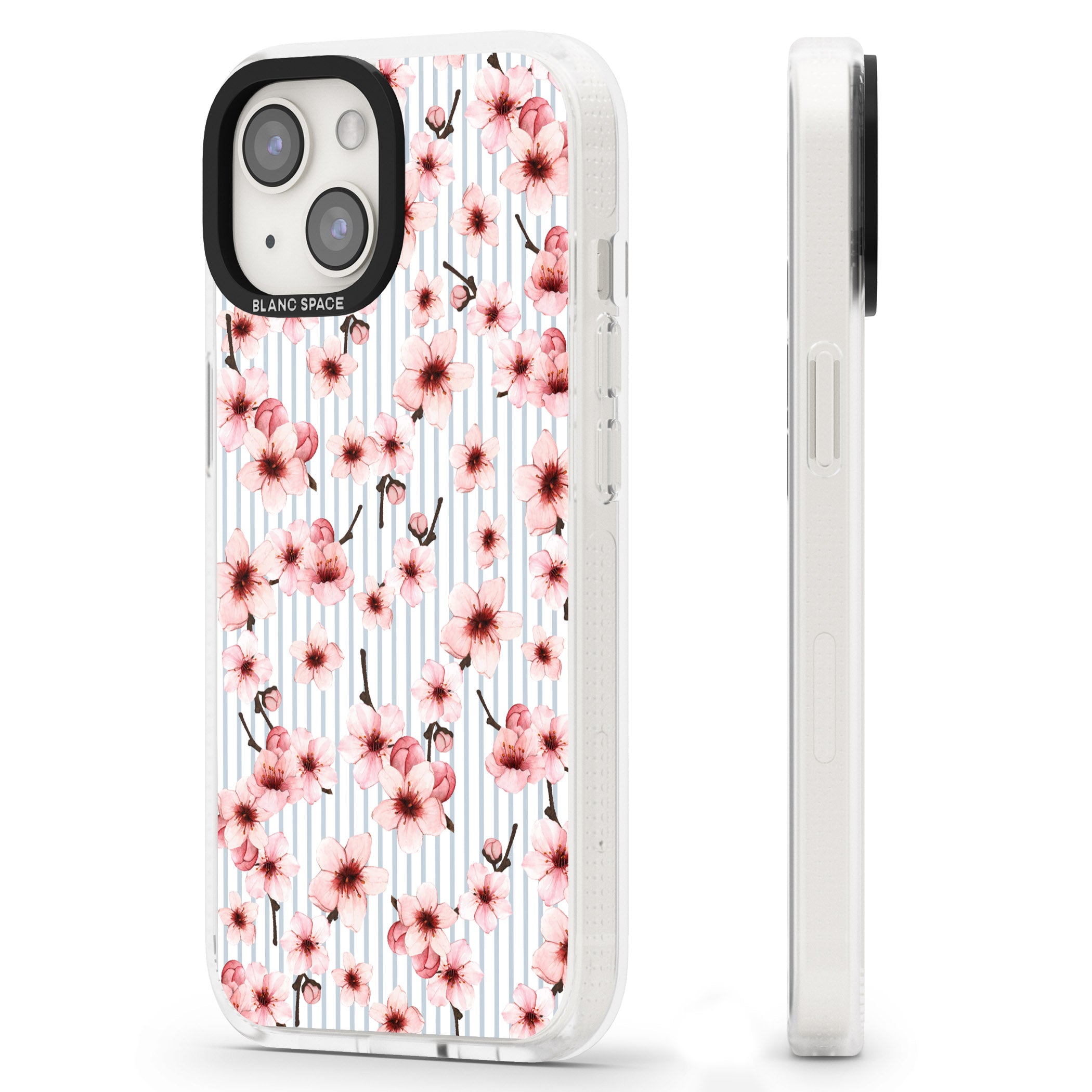 Cherry Blossoms on Blue Stripes Pattern iPhone 15 / 14 / 13 Clear Case Impact Air - Blanc Space