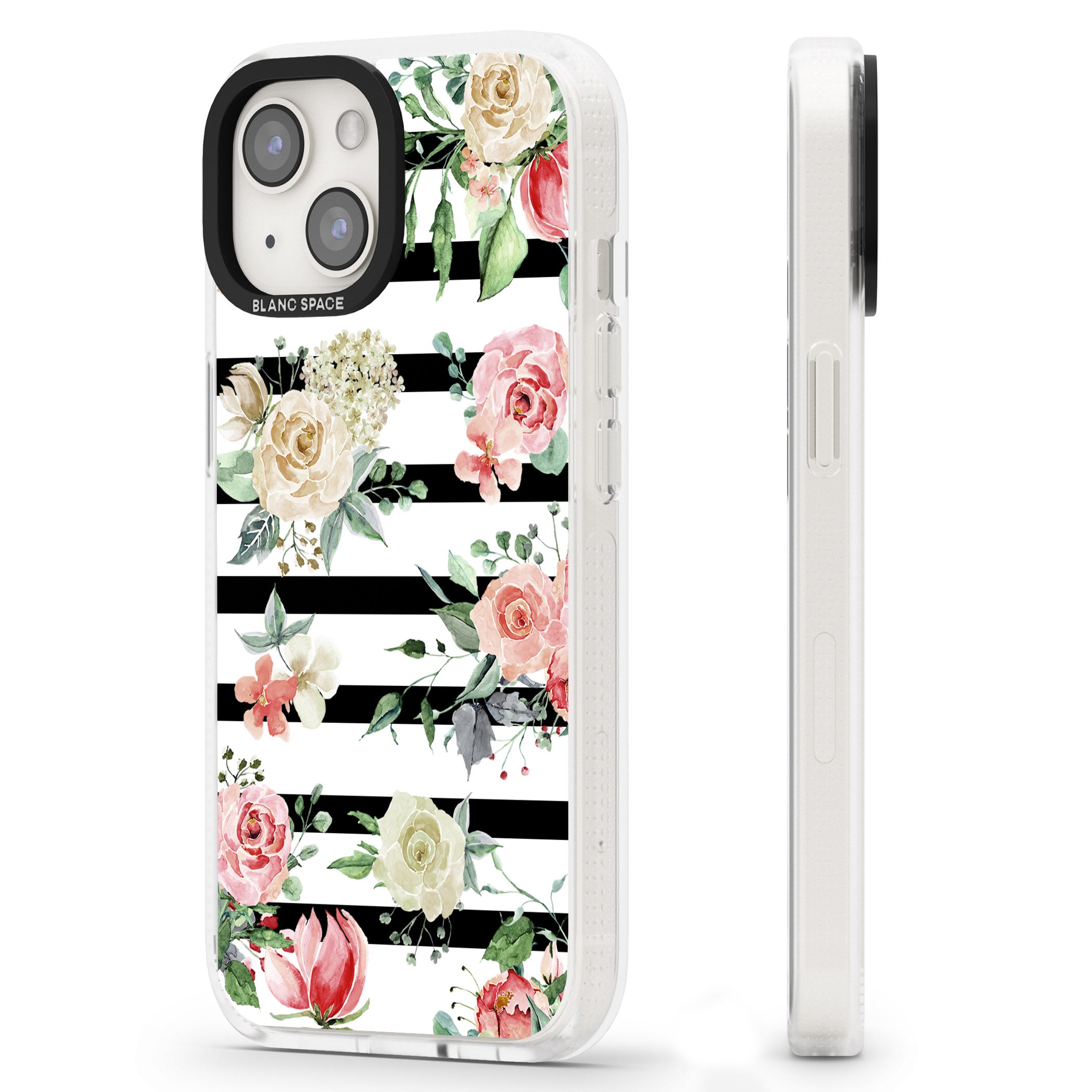 Bold Stripes & Flower Pattern iPhone 15 / 14 / 13 Clear Case Impact Air - Blanc Space