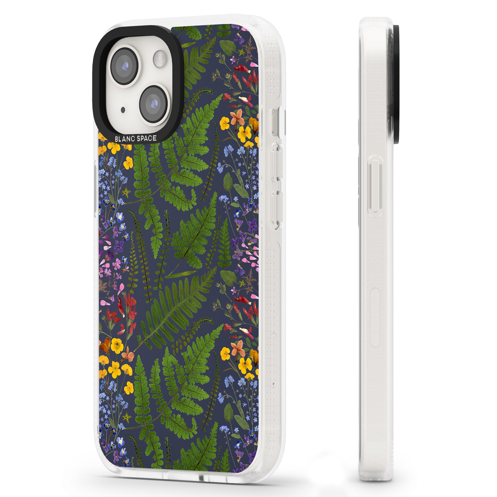 Busy Floral and Fern Design - Navy iPhone 15 / 14 / 13 Clear Case Impact Air - Blanc Space