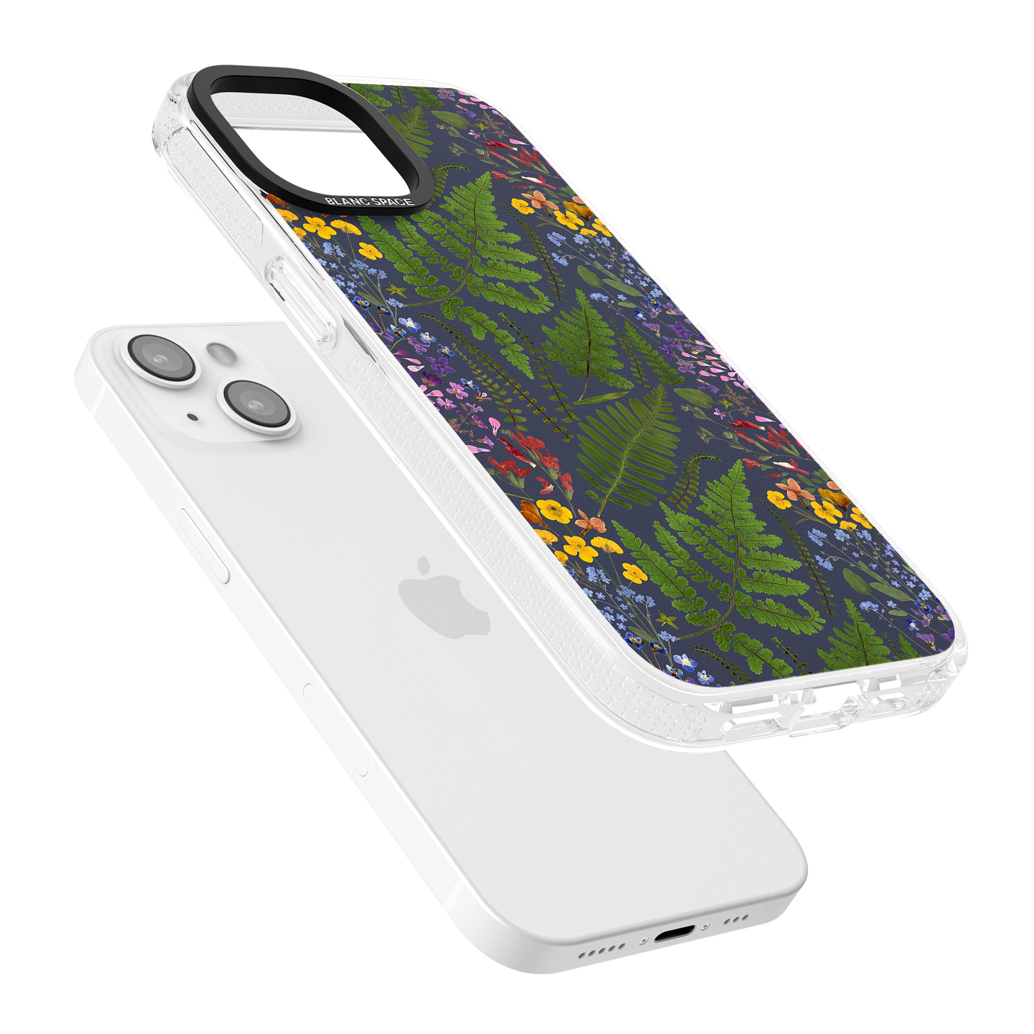 Busy Floral and Fern Design - Navy iPhone 15 / 14 / 13 Clear Case Impact Air - Blanc Space