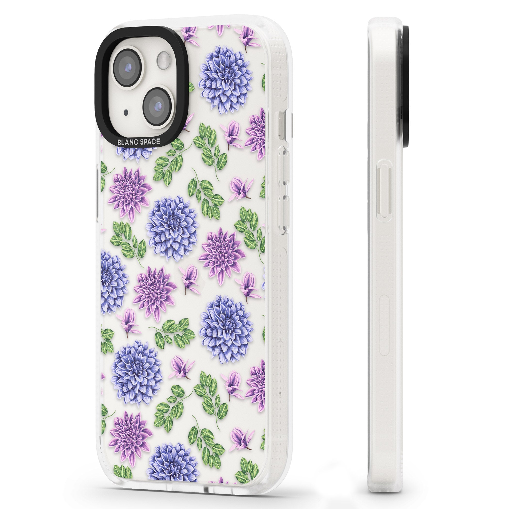 Purple Dahlias Transparent Floral iPhone 15 / 14 / 13 Clear Case Impact Air - Blanc Space