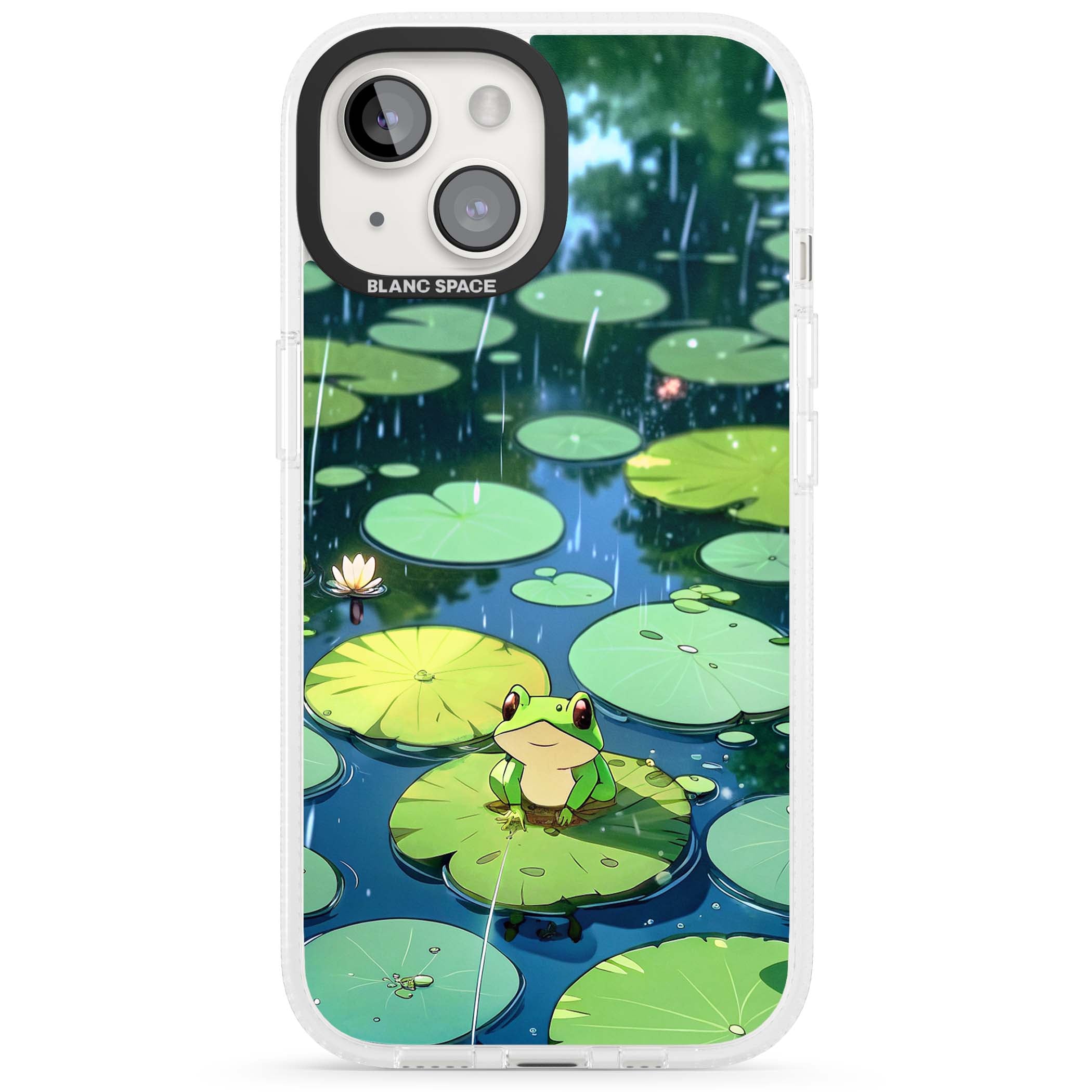 Frog In Lily Pond cottagecore iPhone case featuring a cute green frog on a lily pad with falling rain and a lotus flower | Clear Case Impact Air case for iPhone 15, iPhone 15 Plus