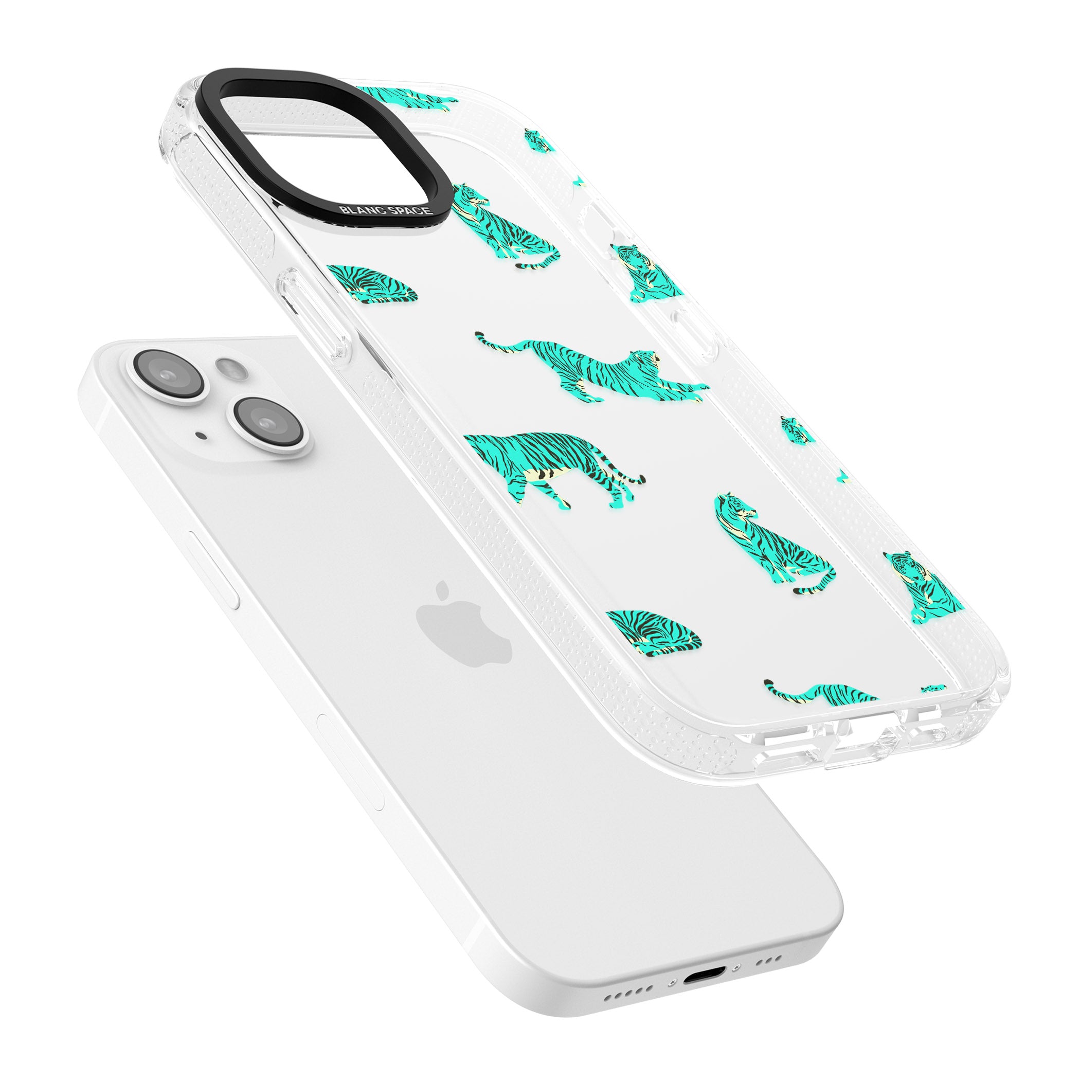 Turquoise Tiger Jungle Cat Pattern iPhone 15 / 14 / 13 Clear Case Impact Air - Blanc Space