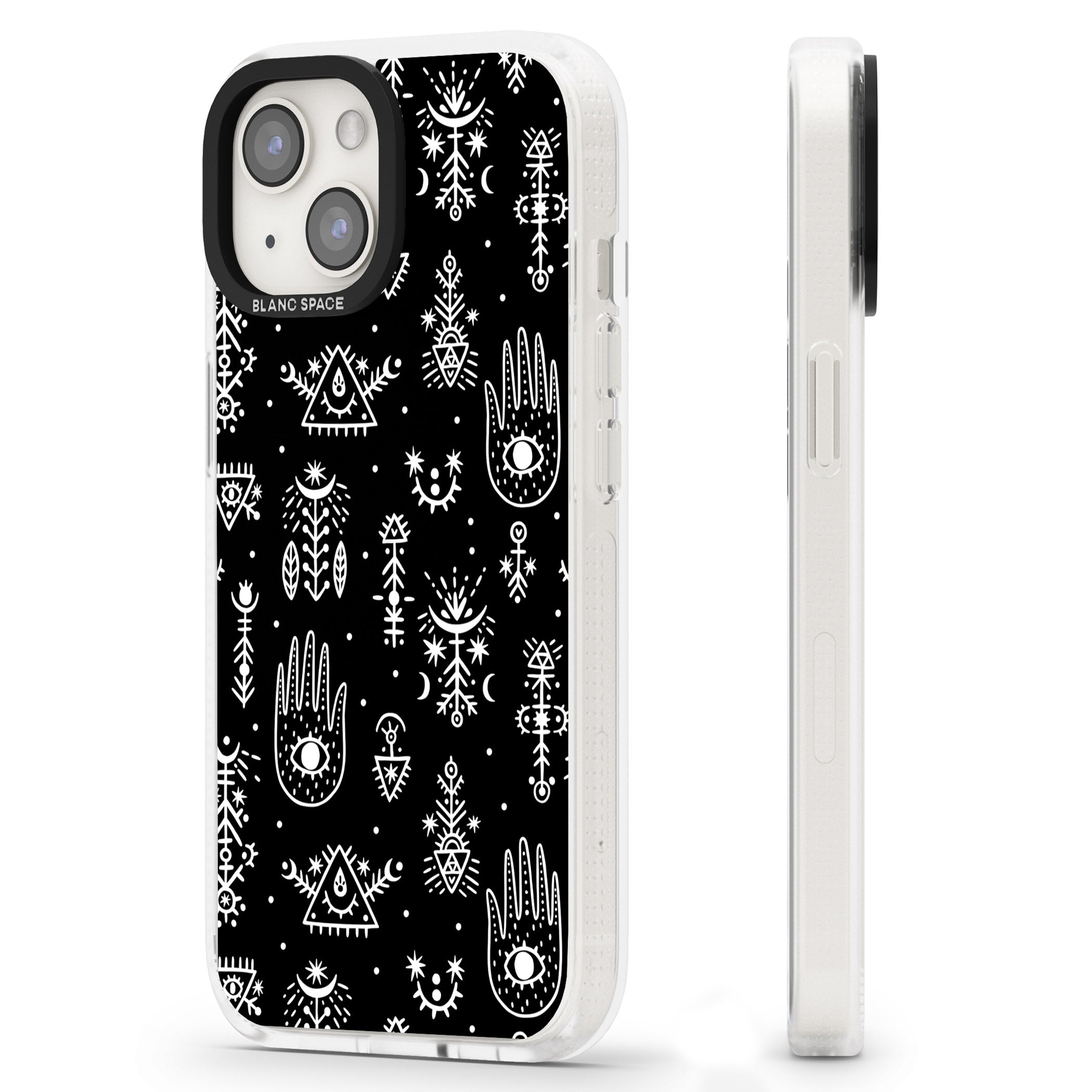 Tribal Palms - White on Black iPhone 15 / 14 / 13 Clear Case Impact Air - Blanc Space