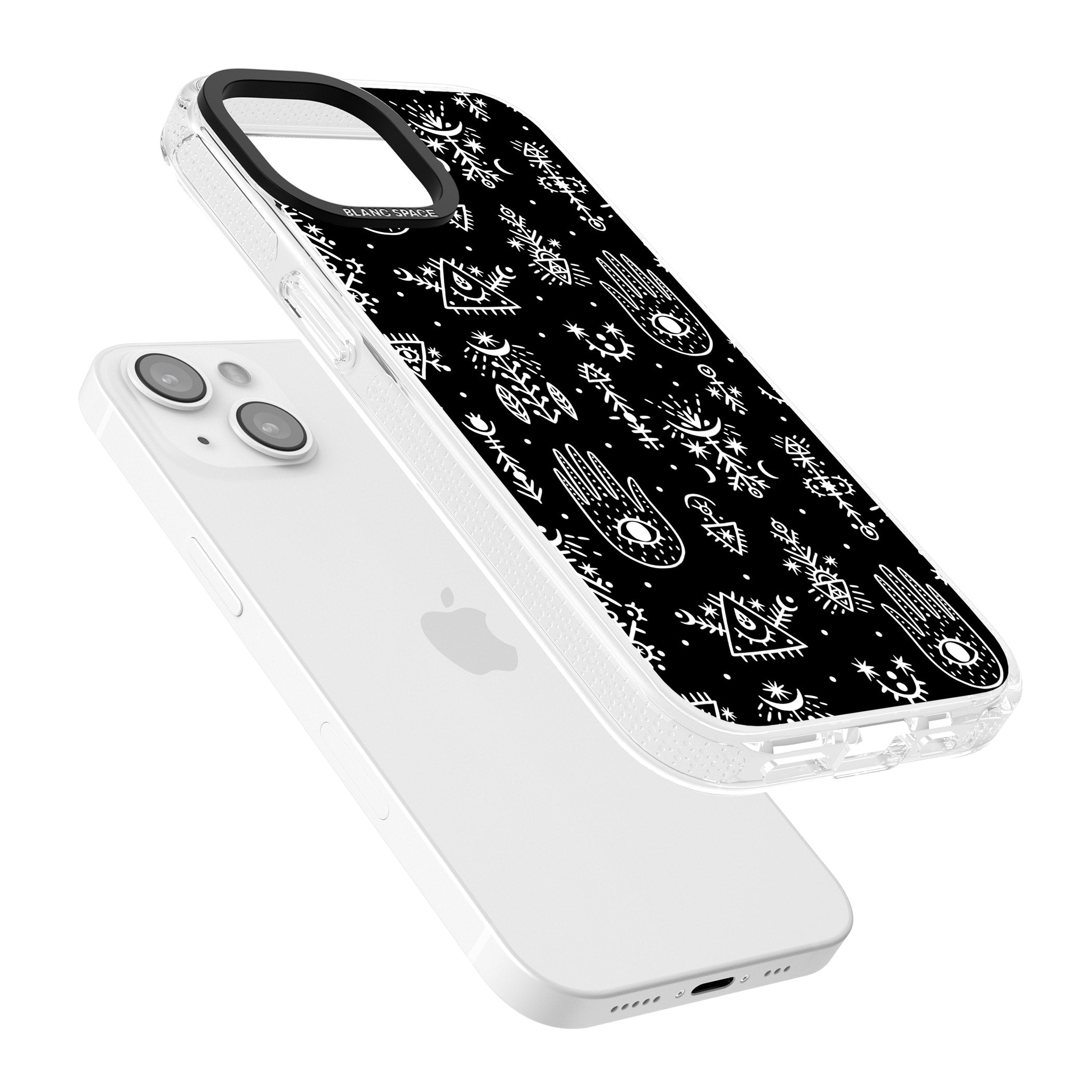 Tribal Palms - White on Black iPhone 15 / 14 / 13 Clear Case Impact Air - Blanc Space