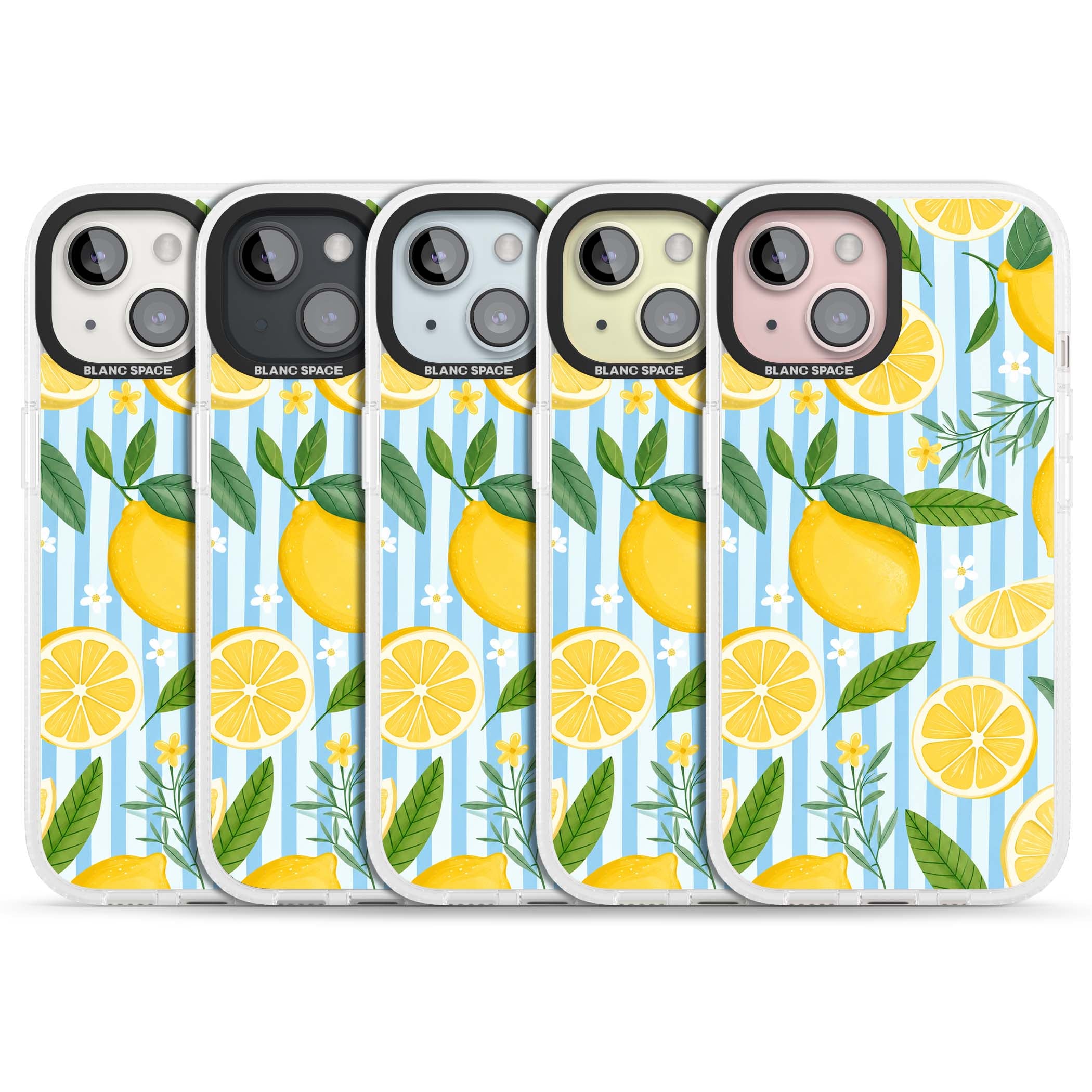 Capri Citrus Stripe coastal iPhone case featuring yellow lemons, blue stripes, and white daisy blossoms | Clear Case Impact Air case for iPhone 15, iPhone 15 Plus
