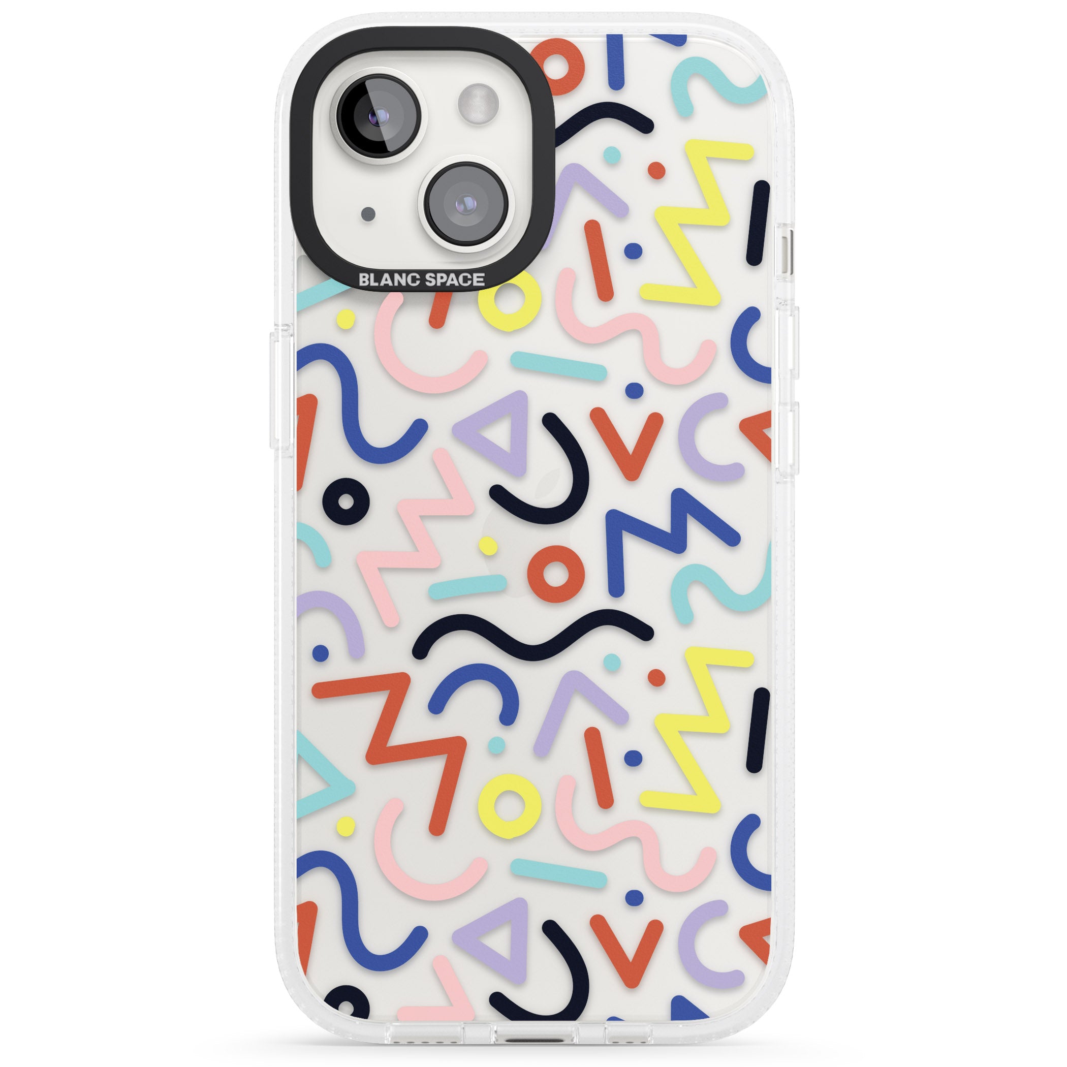 Colourful Squiggles Memphis Retro Pattern Design iPhone 15 / 14 / 13 Clear Case Impact Air - Blanc Space