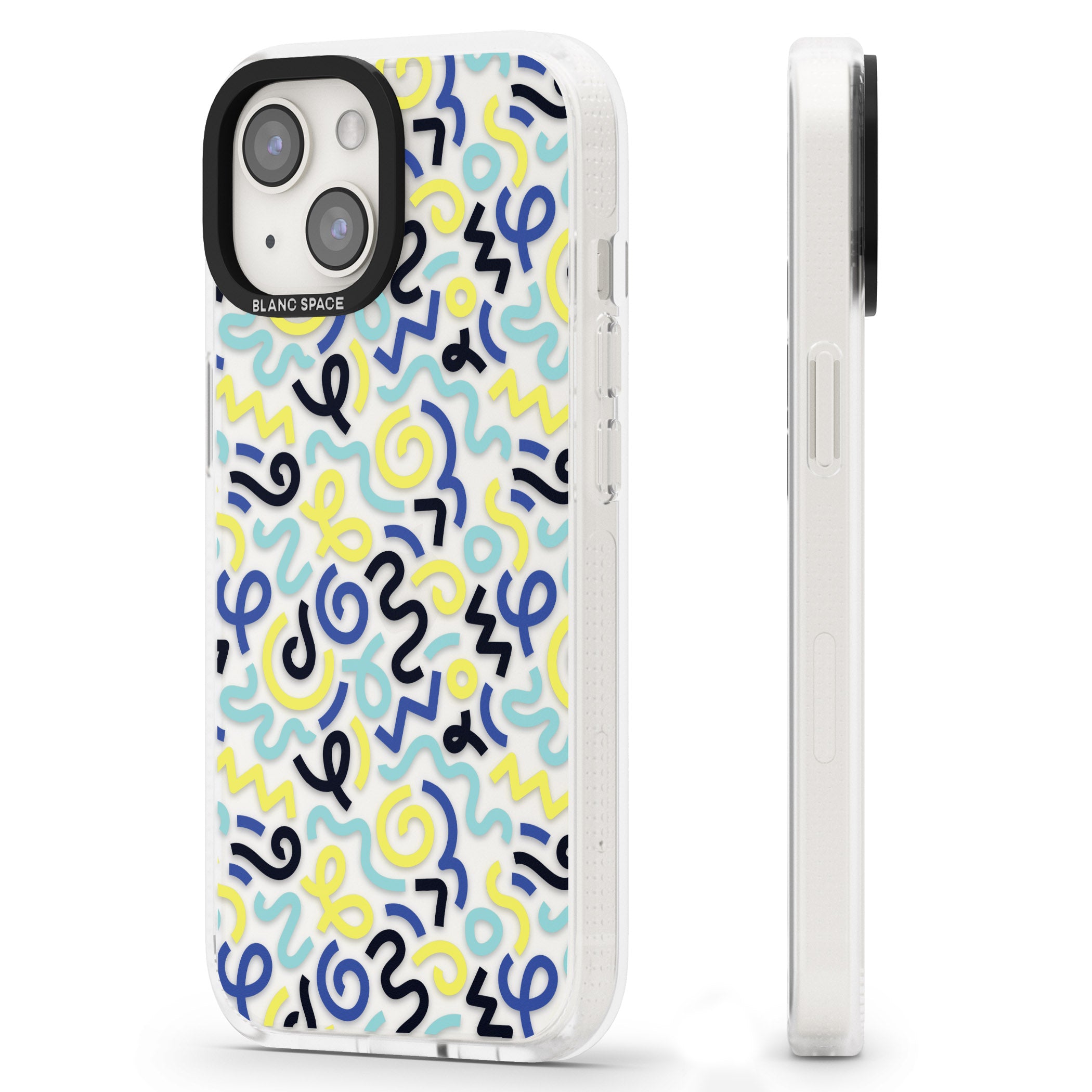 Blue & Yellow Shapes Memphis Retro Pattern Design iPhone 15 / 14 / 13 Clear Case Impact Air - Blanc Space