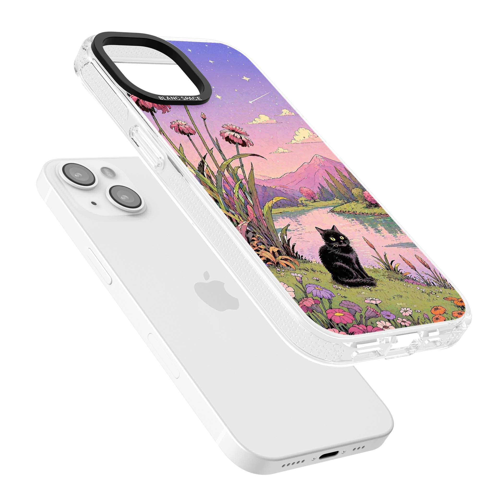 Mystic Whiskers ghibli iPhone case featuring a black cat by a pastel lake, wildflowers and a starry sunset sky | Clear Case Impact Air case for iPhone 15, iPhone 15 Plus