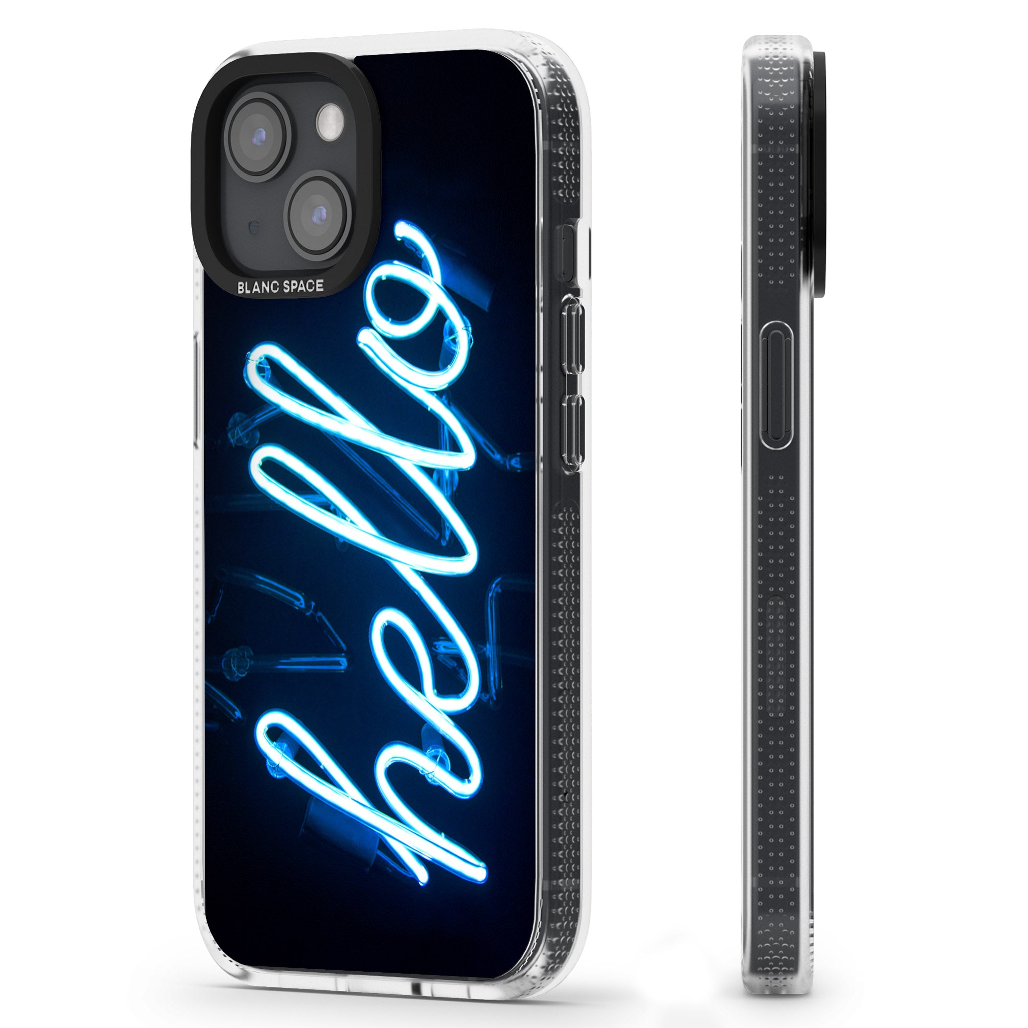 "Hello" Blue Cursive Neon Sign iPhone 15 / 14 / 13 Clear Case Impact Air - Blanc Space