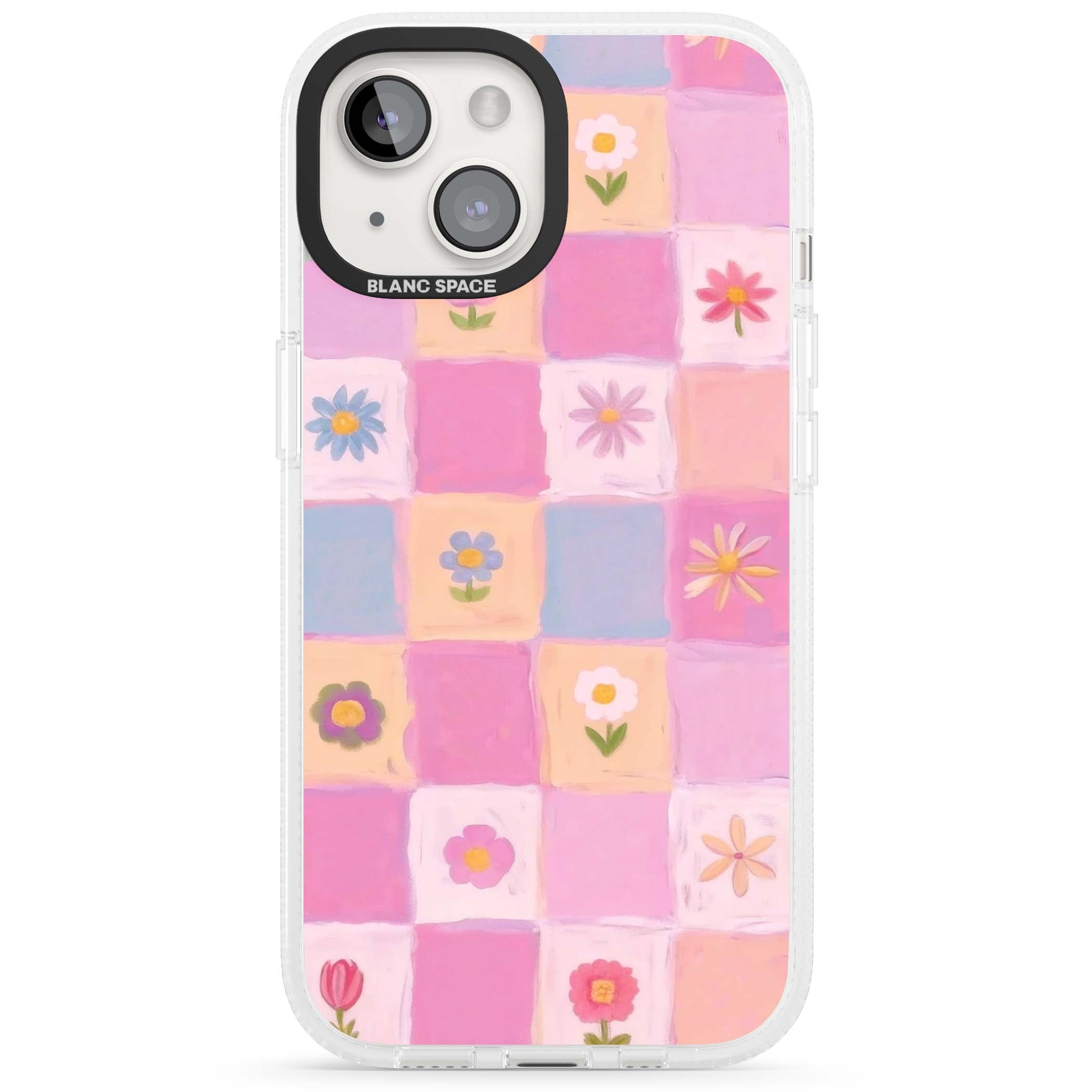 Pastel Flower Patchwork cottagecore iPhone case featuring painted pink and lilac squares with daisies and wildflowers | Clear Case Impact Air case for iPhone 15, iPhone 15 Plus