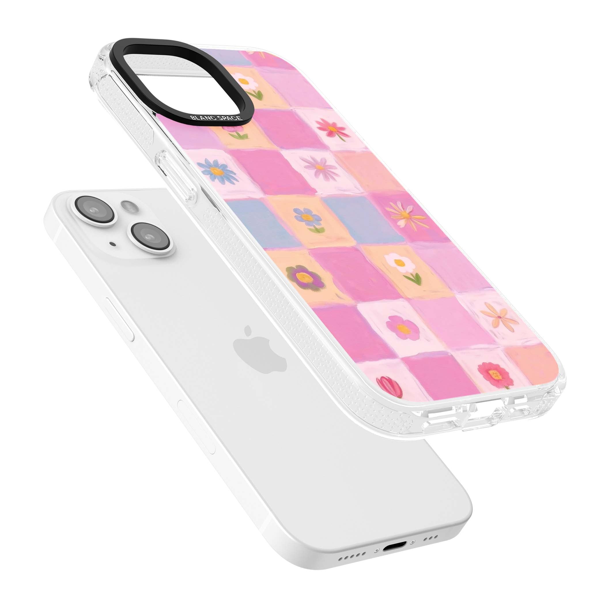 Pastel Flower Patchwork cottagecore iPhone case featuring painted pink and lilac squares with daisies and wildflowers | Clear Case Impact Air case for iPhone 15, iPhone 15 Plus