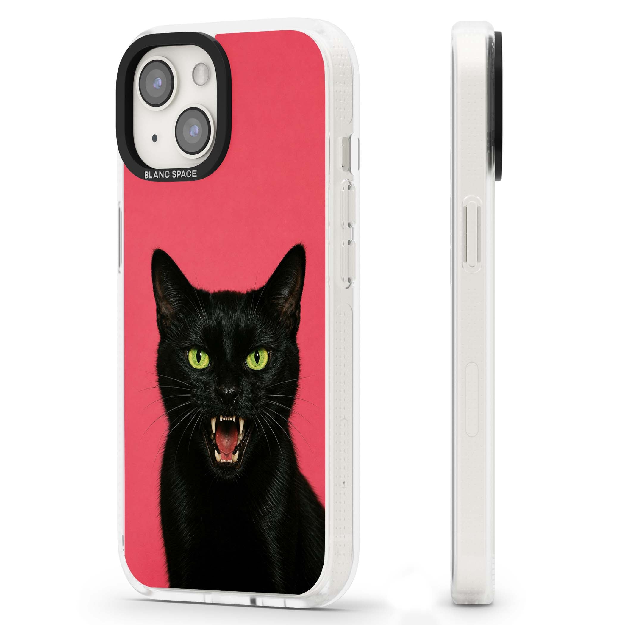 Hissin' Baddie black cat iPhone case featuring a hissing feline with green eyes on a hot pink background | Clear Case Impact Air case for iPhone 15, iPhone 15 Plus