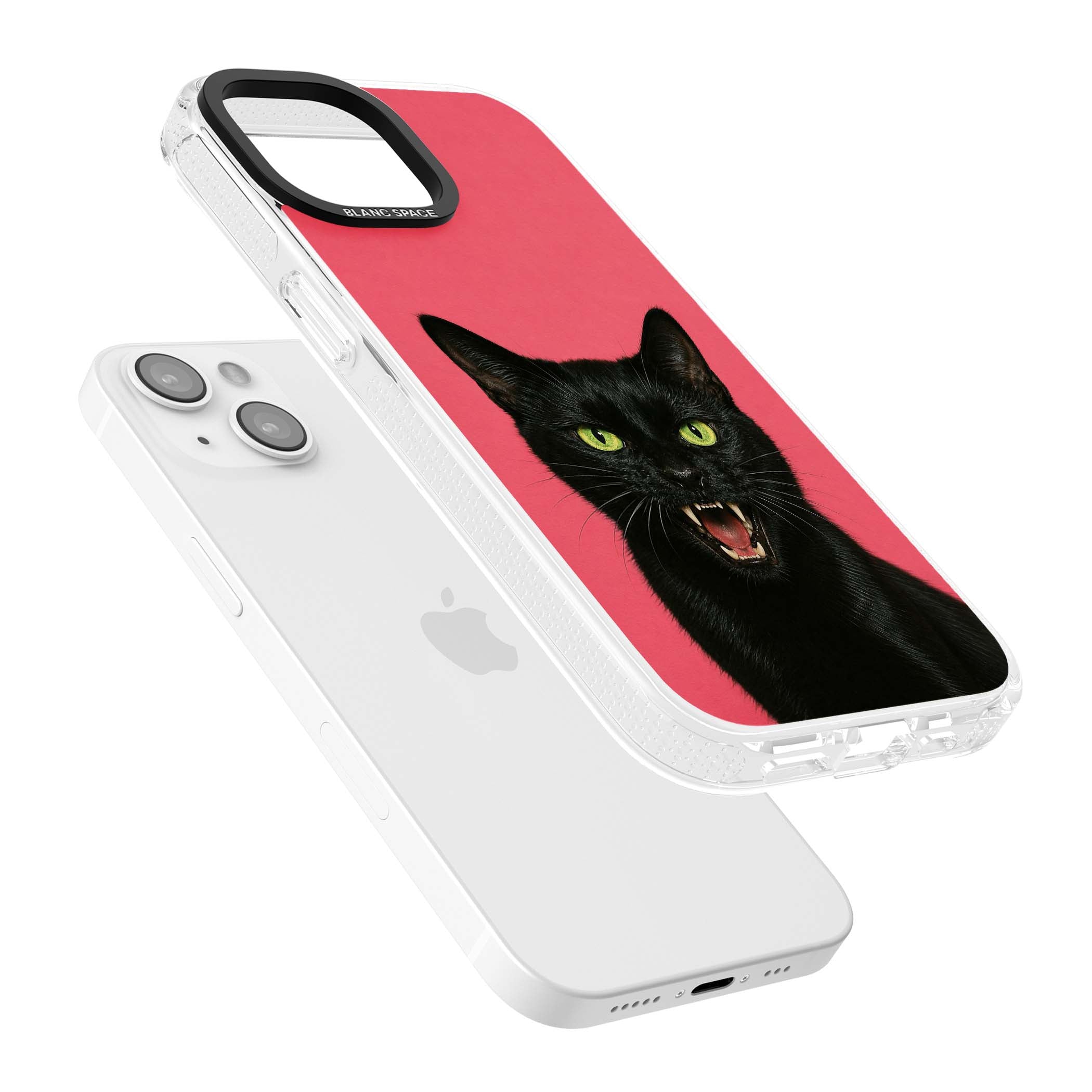 Hissin' Baddie black cat iPhone case featuring a hissing feline with green eyes on a hot pink background | Clear Case Impact Air case for iPhone 15, iPhone 15 Plus